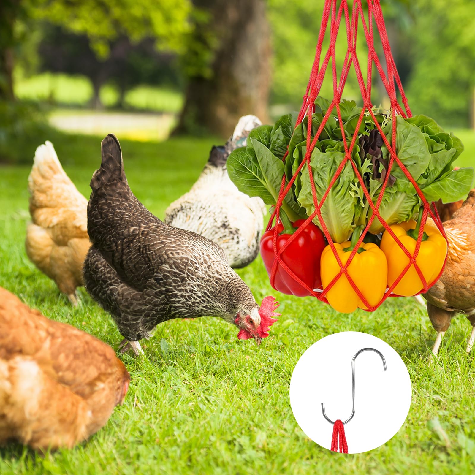 Red de Alimentación para Pollos Colgante - Pack de 4 Bolsas de Malla de Nailon Reutilizables con 4 Ganchos en S - Dispensador de Frutas y Verduras para Gallinas, Patos, Gansos y Más