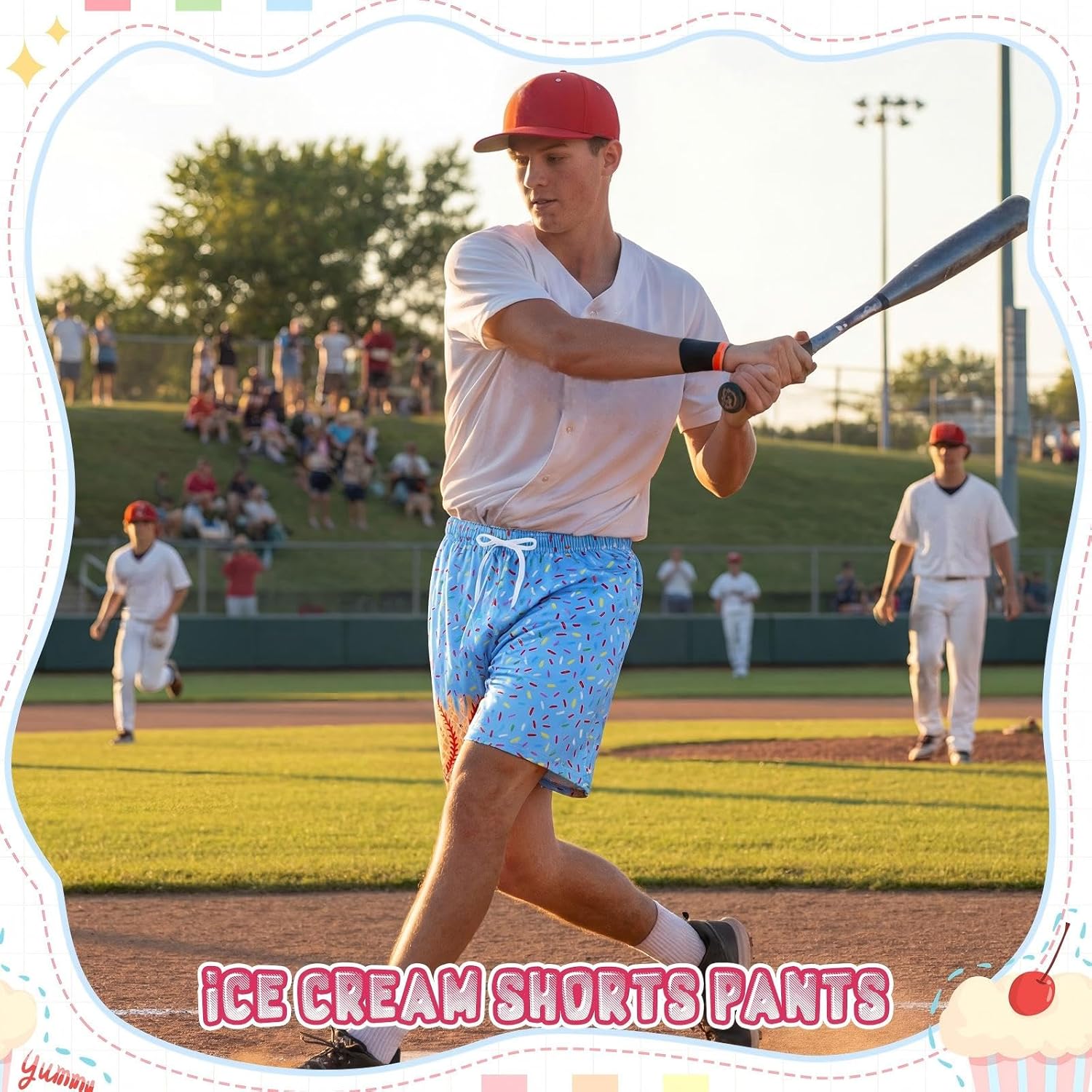 Janmercy Ice Cream Drip Mesh Shorts Quick Dry Baseball Short with Pockets Elastic Waist for Gym Baseball Workout Running