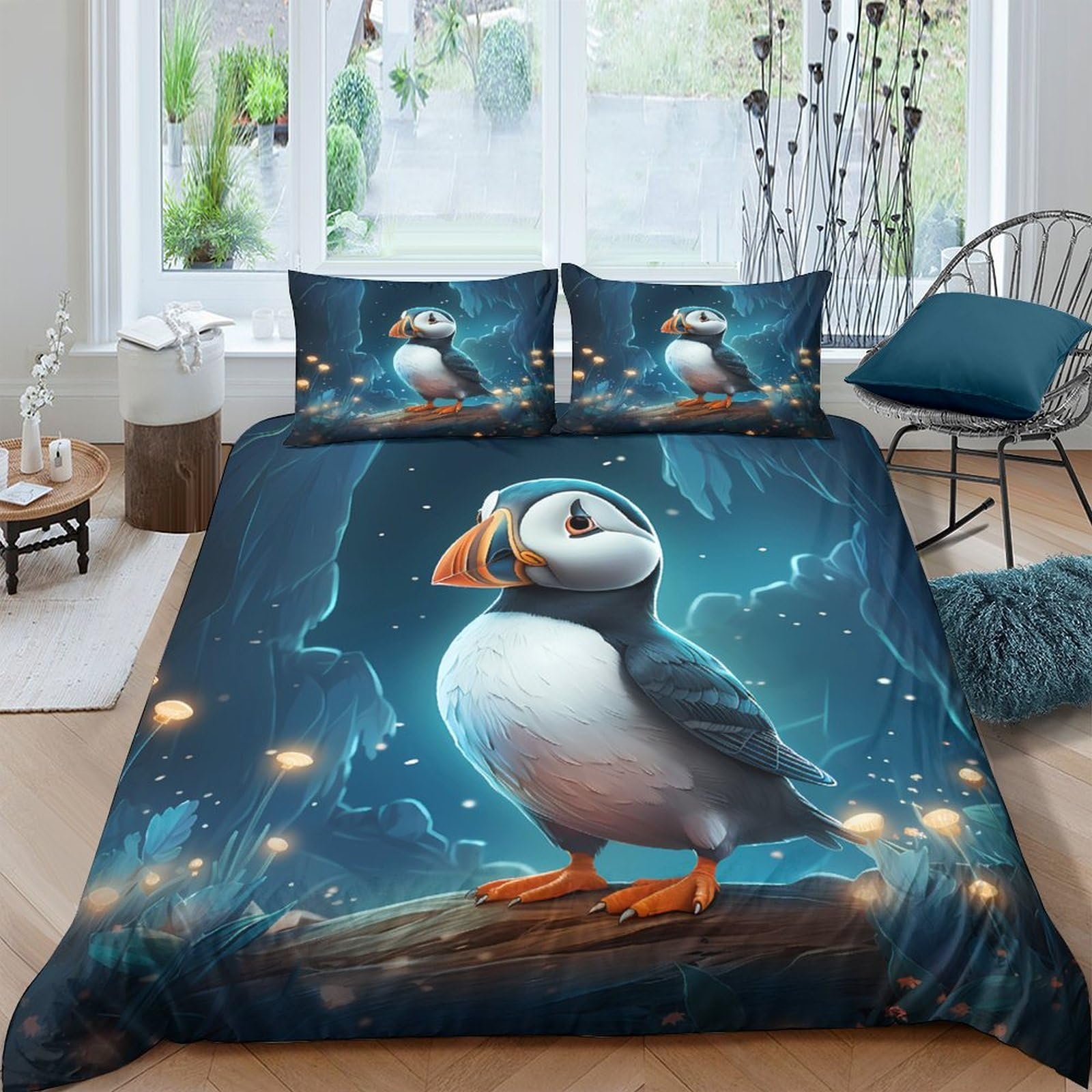 GPLZQXKJNH 3D Printed Puffin Ocean Duvet Cover Set Microfiber Soft Breathable Aurora Quilt Cover with 2 Pillowcases for Bedroom Decor Single（135x200cm）