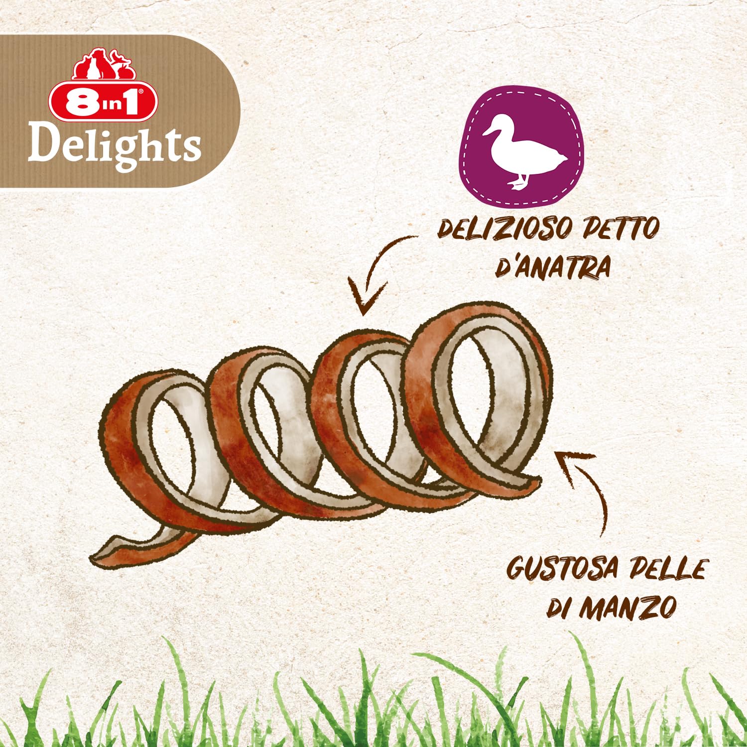 8in1 Delights Duck Spirals - Snack masticabile sano per cani, carne di anatra di alta qualità avvolta in pelle di manzo, 6 pezzi