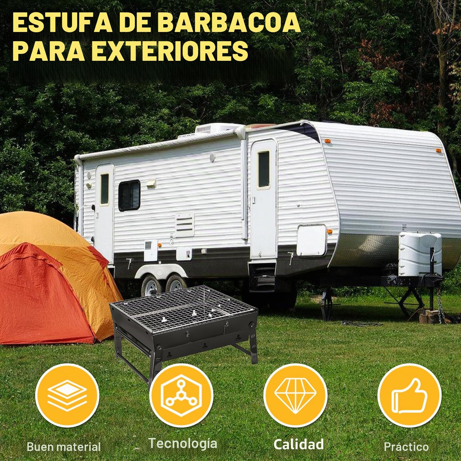 Barbacoa de carbón: 35 x 27 x 20 cm Barbacoa de camping plegable pequeña, Barbacoa portátil de acero inoxidable para camping, Barbacoa portátil al aire libre para picnic/terraza/camping/viajes