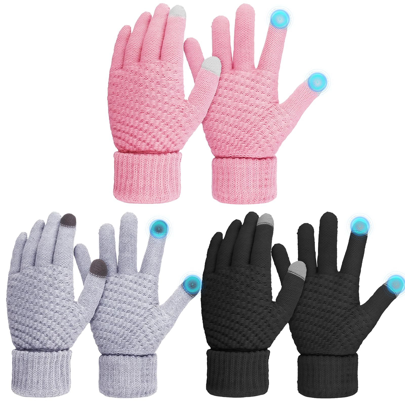 AYNKH Lot de 3 Paires de Gants Thermiques Femme, d’Hiver Chauds Tricotés Élastiques avec Doublure Polaire, Gants Tactiles Chauds pour Sport, Course, Ski, Vélo