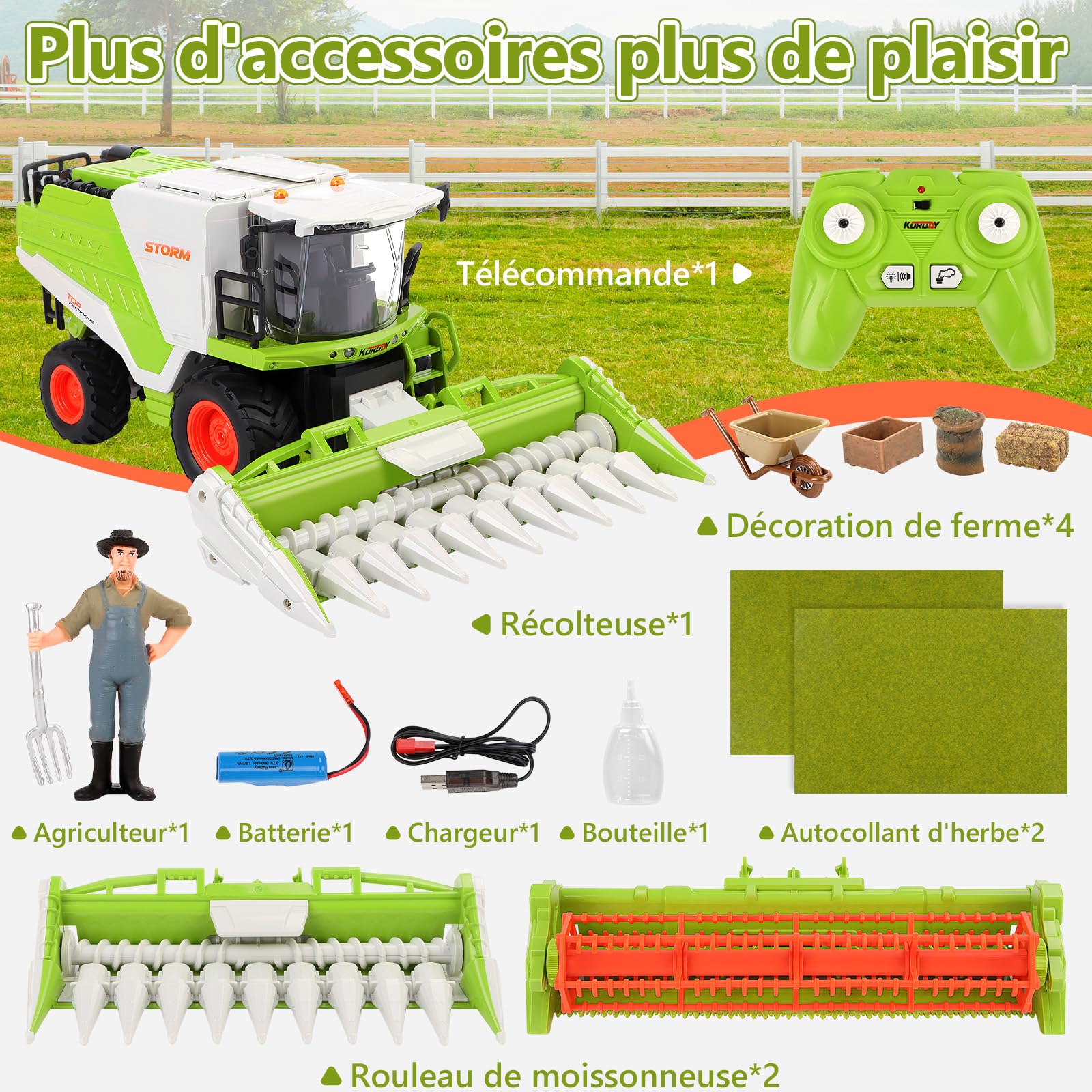 Charmofun Moissonneuse-Batteuse Télécommandée RC Tracteur Enfant 2,4 GHz avec Lumière et Pulvérisation Jouet Ferme