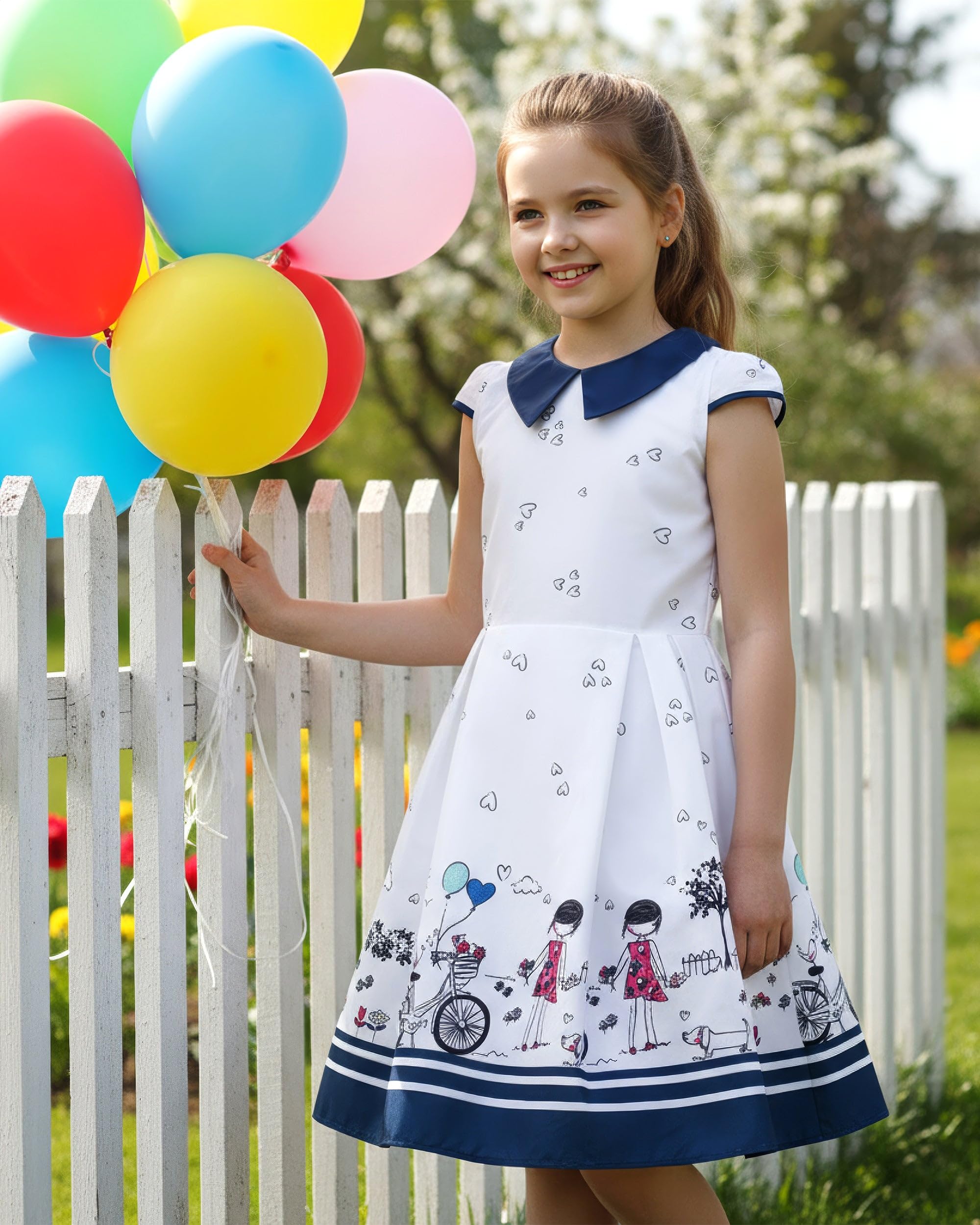 BlackButterfly Mädchen Kleid Olivia Herzen Print | Faltenrock, Flügelärmel, Bubikragen, Motivdruck Am Saum, Gefüttert, Reißverschluss Hinten, 3-14 Jahre