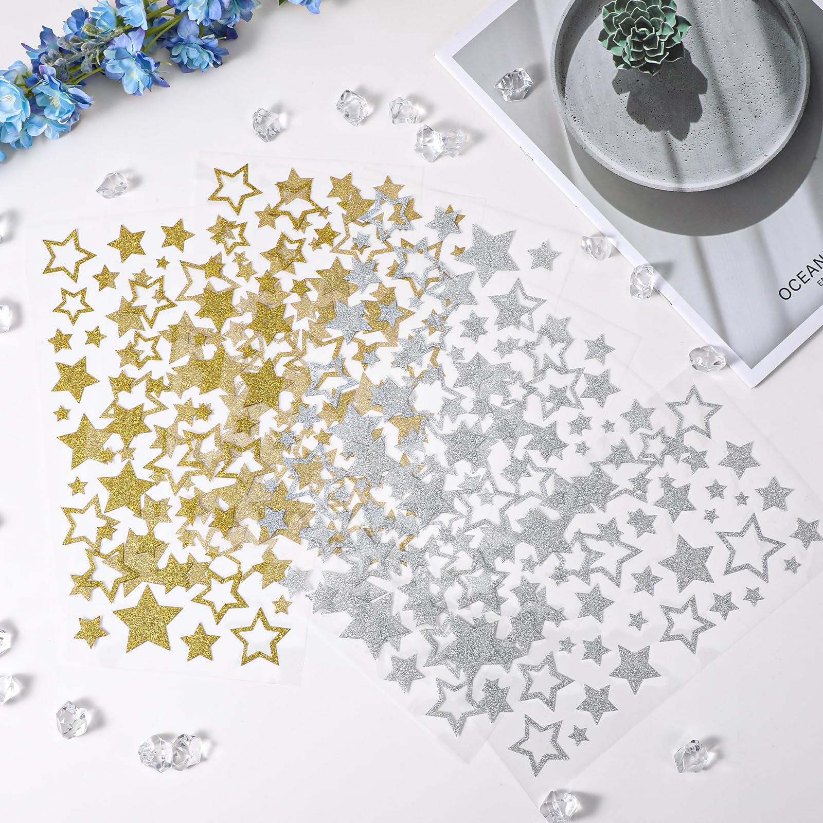 5 Sheets Gold and Silver Glitter Star Stickers Self-Adhesive Stars Labels for Kids Reward Self-Adhesive Glitter Foil Stars Sticker Decals for Christmas Scrapbooks Cards Teacher Crafts - Image 7