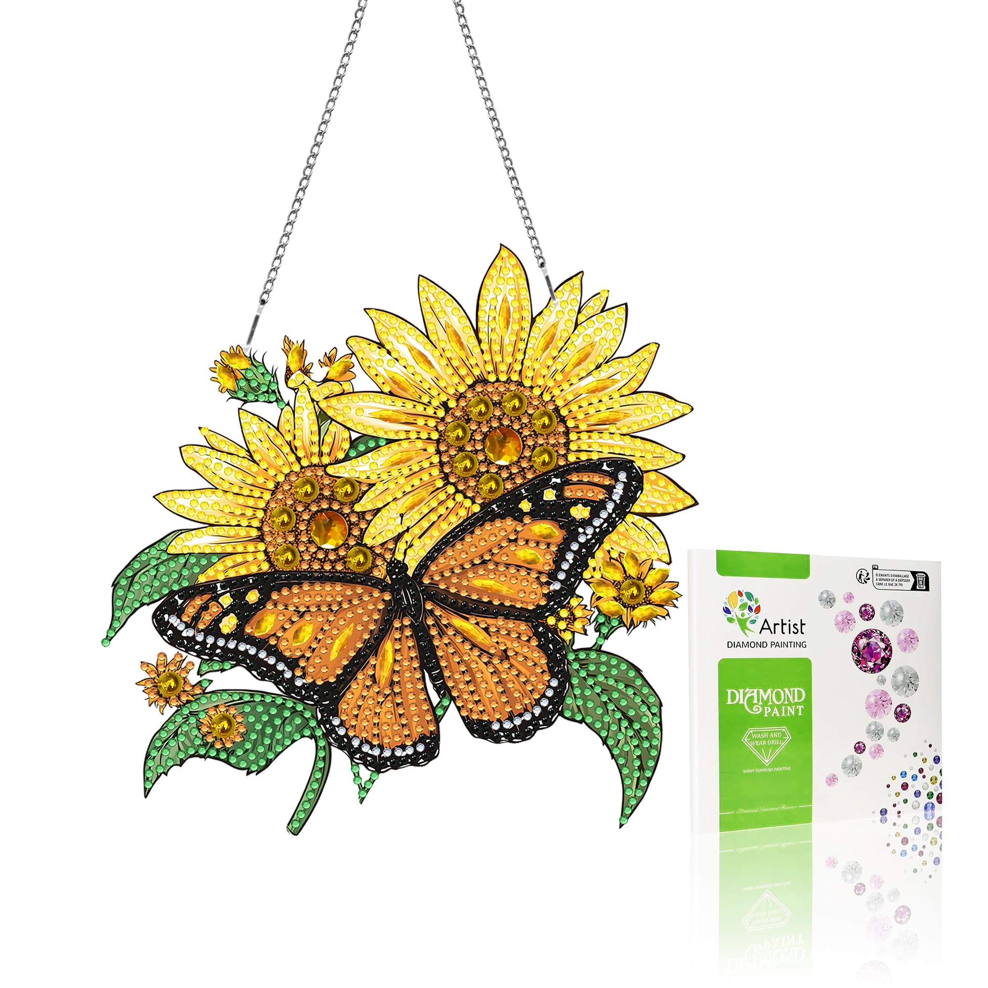 VAIIEYO Butterfly Diamond Painting Hanging,Sunflower Double Side Window Hanging Kit with Chain, 7.5x7.5 inch Crystal Pendant Art Craft for Gift Wall