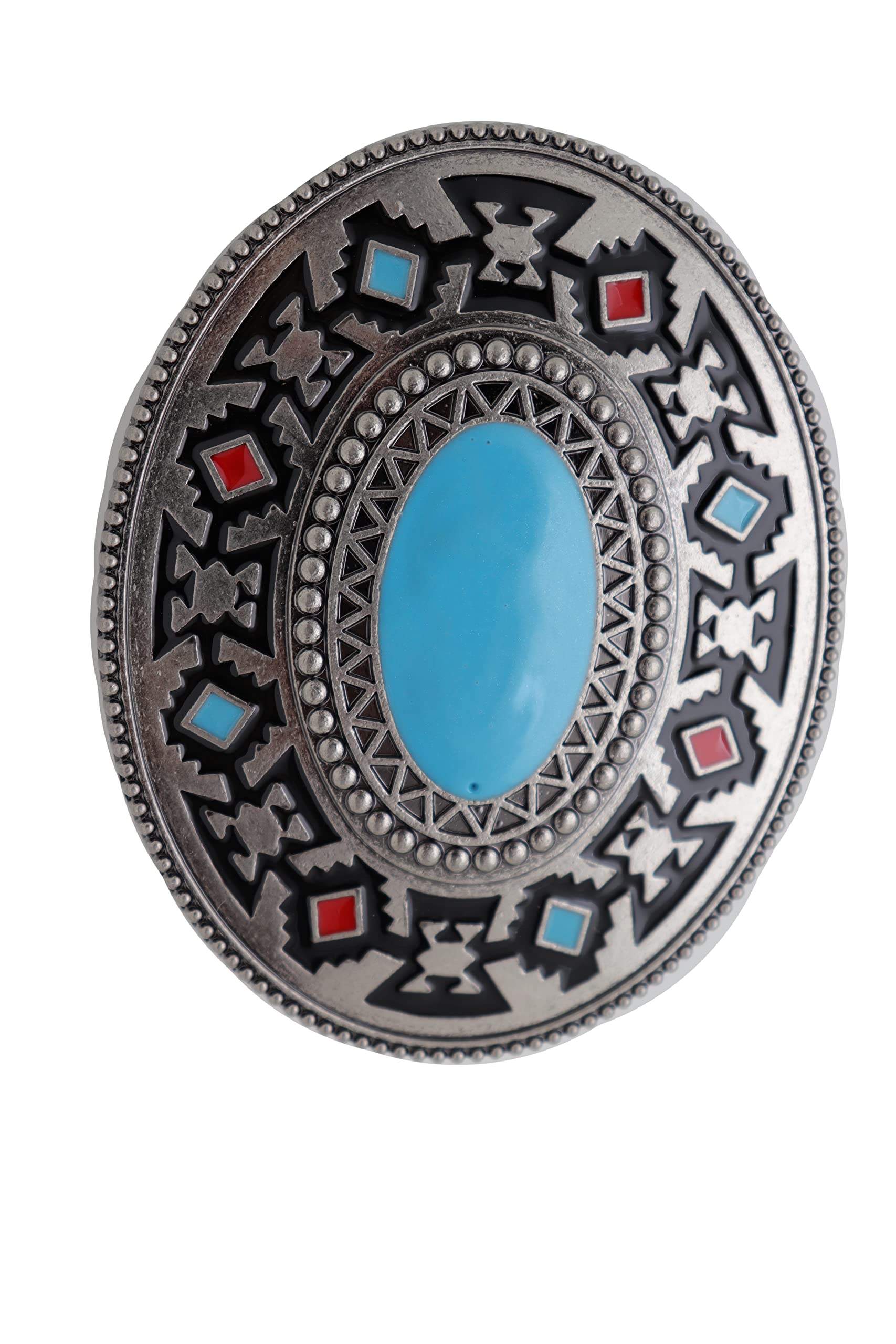 Men Western Fashion Belt Buckle Silver Metal Ethnic Cowboy Turquoise Blue Native Style, One Size