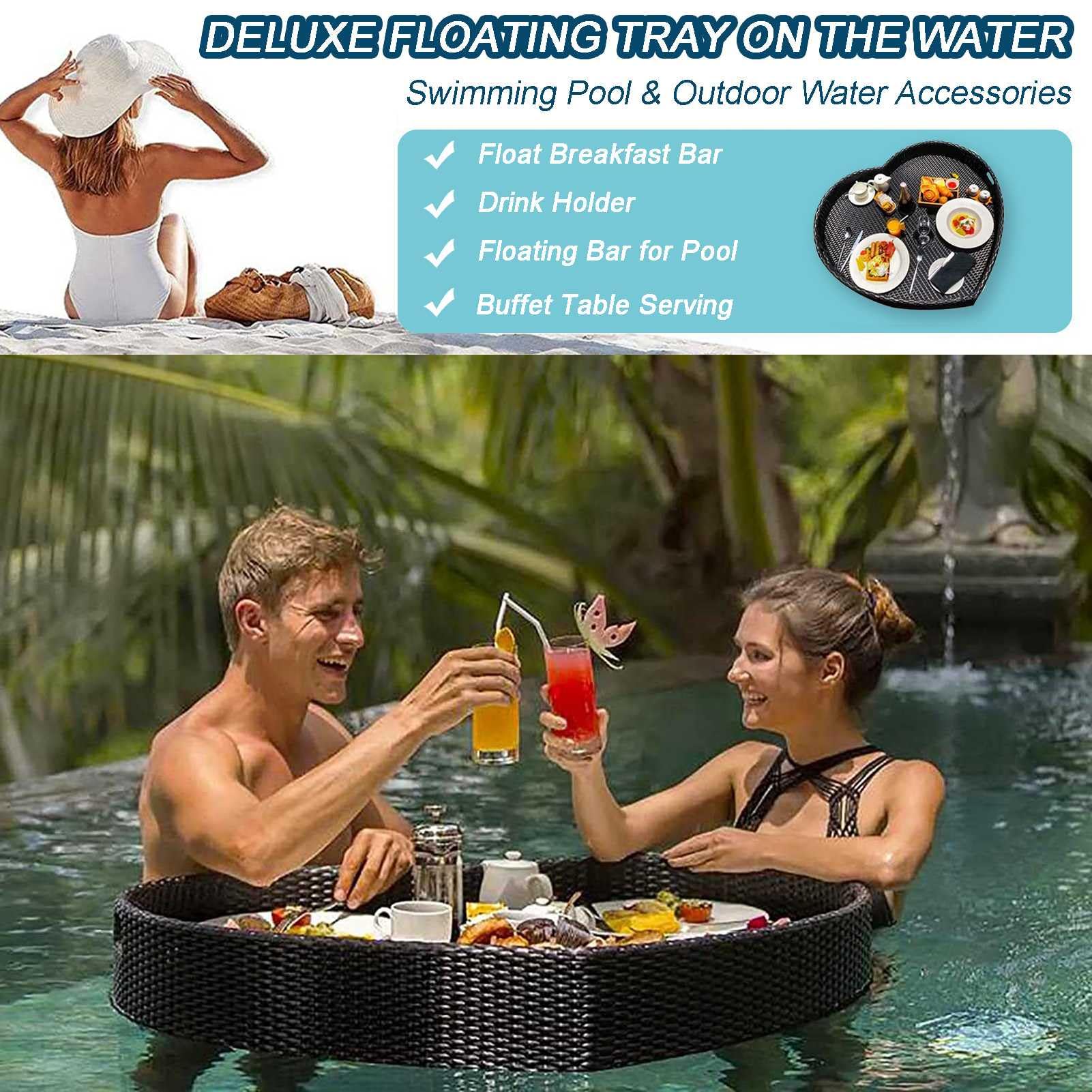Bandeja Flotante para Piscina con Forma de corazón, Bandeja Flotante para Desayuno, Bandeja Flotante para Servir en el Agua, Mesa y Bar, flotadores para Piscina (Negro, 60 x 60 x 2