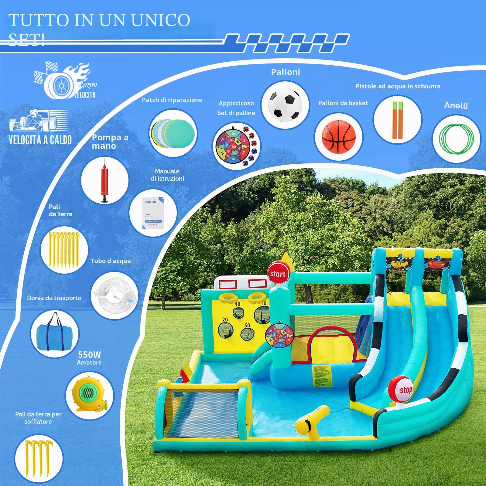 Castello Gonfiabile Grande per Bambini con Acquatico Scivolo, Piscina, Pareti Arrampicata, Trampolino, Canestro da Basket per Interno Giardino Esterno, 470×400×220cm