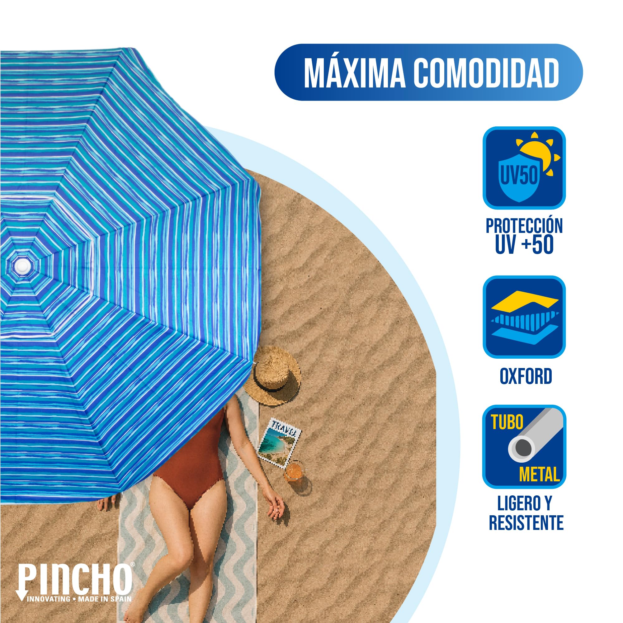 Pincho Grand parasol de plage 200 cm, anti-vent jusqu'à 35 km/h, protection UV 50, aluminium, 8 + 8 baleines, fibre de verre, tube de 28-32 mm, manche inclinable, montage rapide 30 secondes, sac de