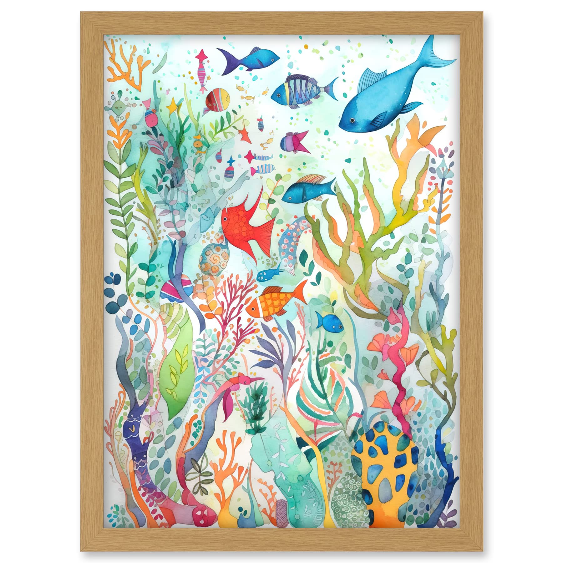 Artery8 Aquatic Scene Marine Life Folk Art Watercolour Painting Artwork Framed A3 Wall Art Print