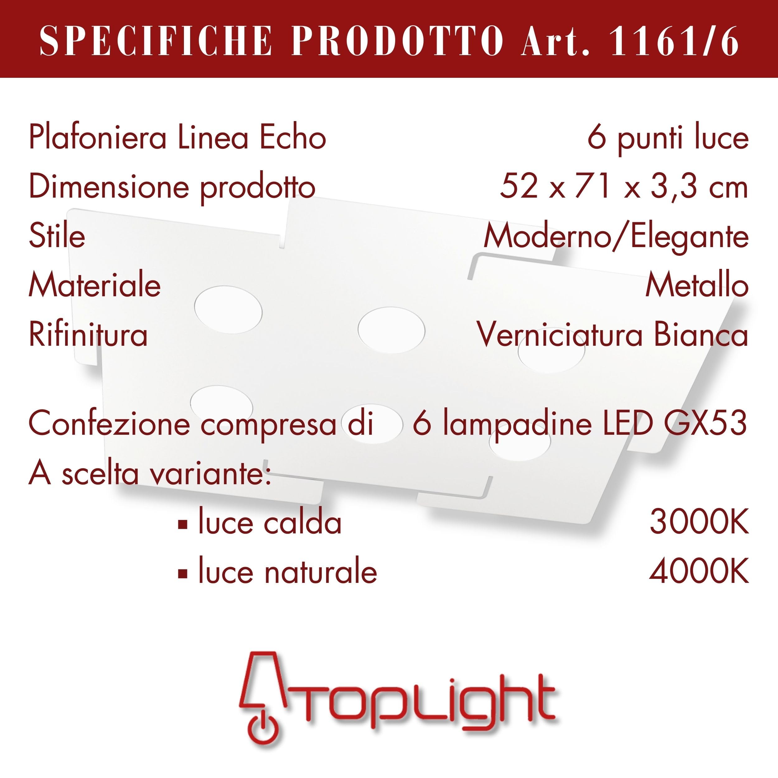 BOGGIA TOP LIGHT Plafoniera Led Linea Echo 1161/6 sei punti luce moderna elegante piatta metallo verniciato bianco parete soffitto – lampadine Led GX53 comprese (Luce Naturale 4000 K)