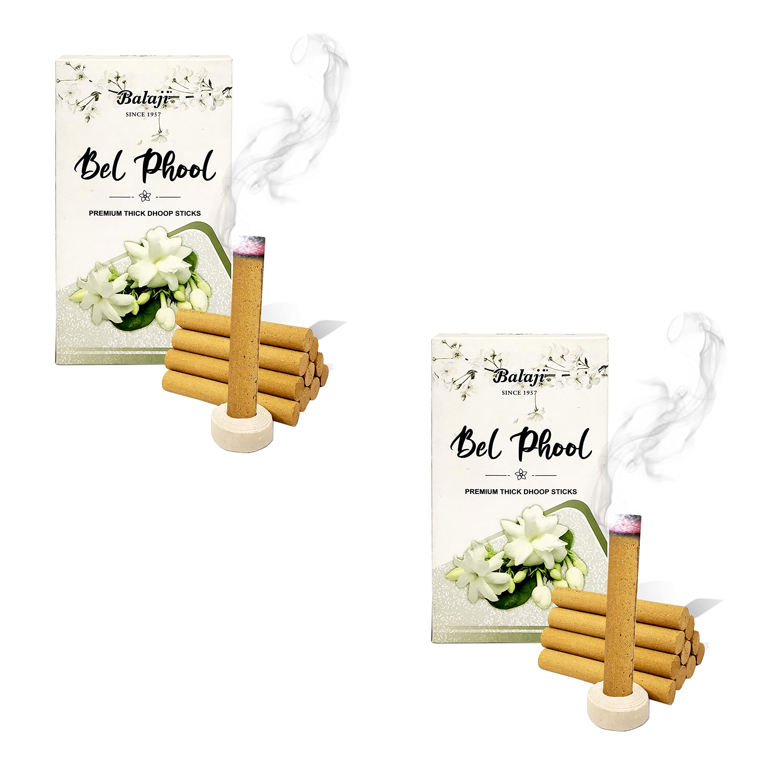 Airtick Box Pack of 2 (10 Sticks Per Box) Balaji Bel Phool Premium Thick Dhoop Incense Sticks for Aroma & Smoke, Extra Freshness, Home Temple Worship, Peace, Purification, Atmosphere Positivity