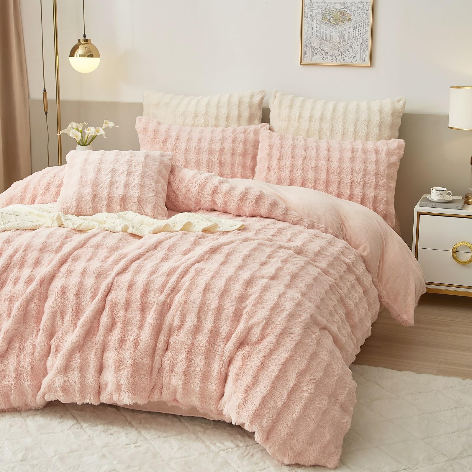 Luowei Ropa de cama de felpa de invierno de 135 x 200 cm, color rosa cálido, acogedora, mullida, de forro polar, ropa de cama de lujo reversible para niña, funda nórdica con cremallera y funda de