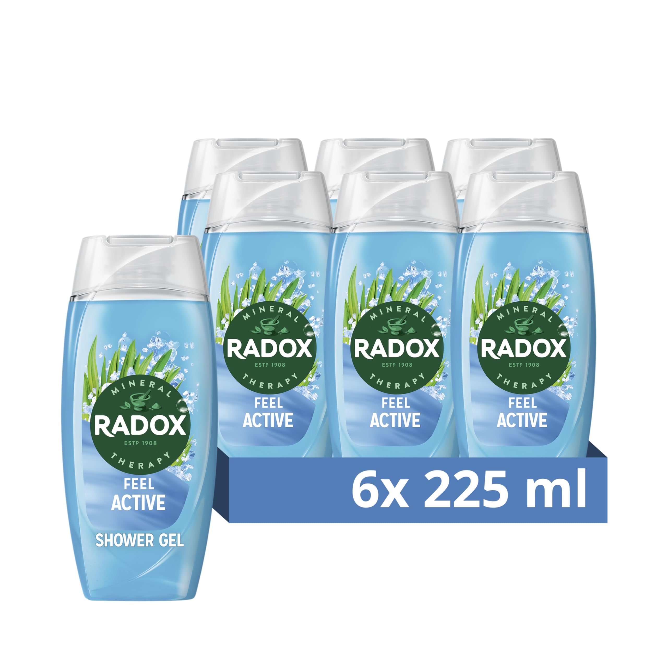 Radox Mineral Therapy Feel Active Body Wash Shower Gel uniquely blended with herbs, minerals, and a sea salt & lemongrass fragrance for a refreshing experience 225 ml, Pack of 6
