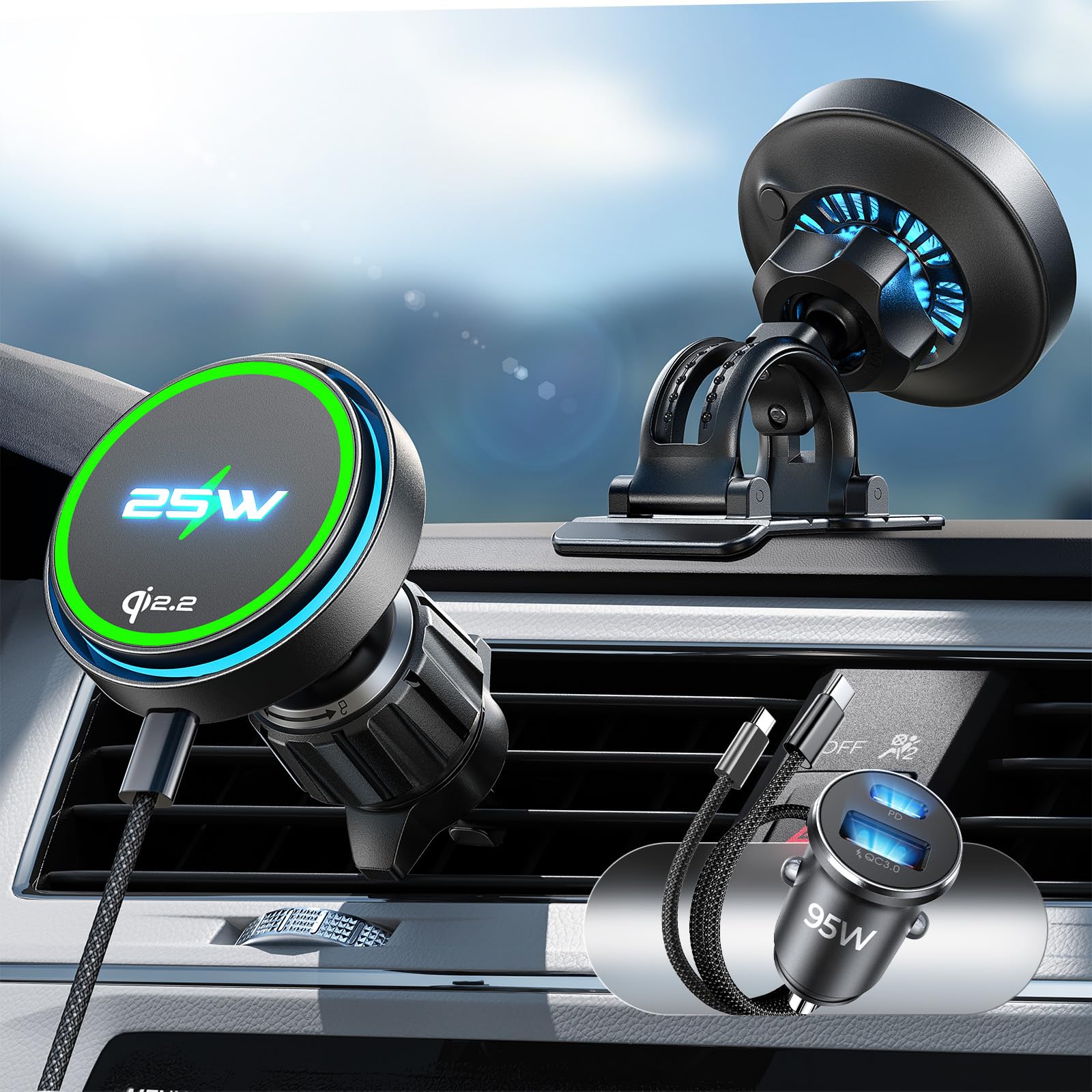 LISEN for Qi2.2 25W MagSafe Car Mount Charger?[Top Spec with Cooling Fan?95W Custom Adapter] iPhone 17 Pro Max Car Charger Fast Charging for iPhone 17 Pro Max Plus Air 16-12 Series,Pixel 10 Pro XL