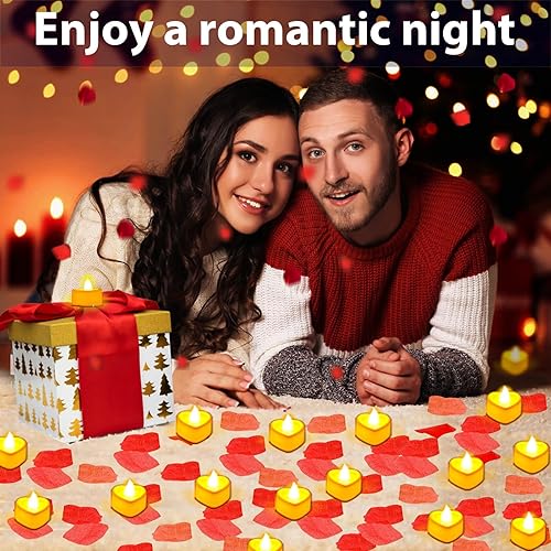 Miniatura 7 de Flasoo Juego de pétalos de rosa y velas para decoración romántica, 4000 pétalos de rosa roja y 48 velas de corazón para noches especiales, bodas,