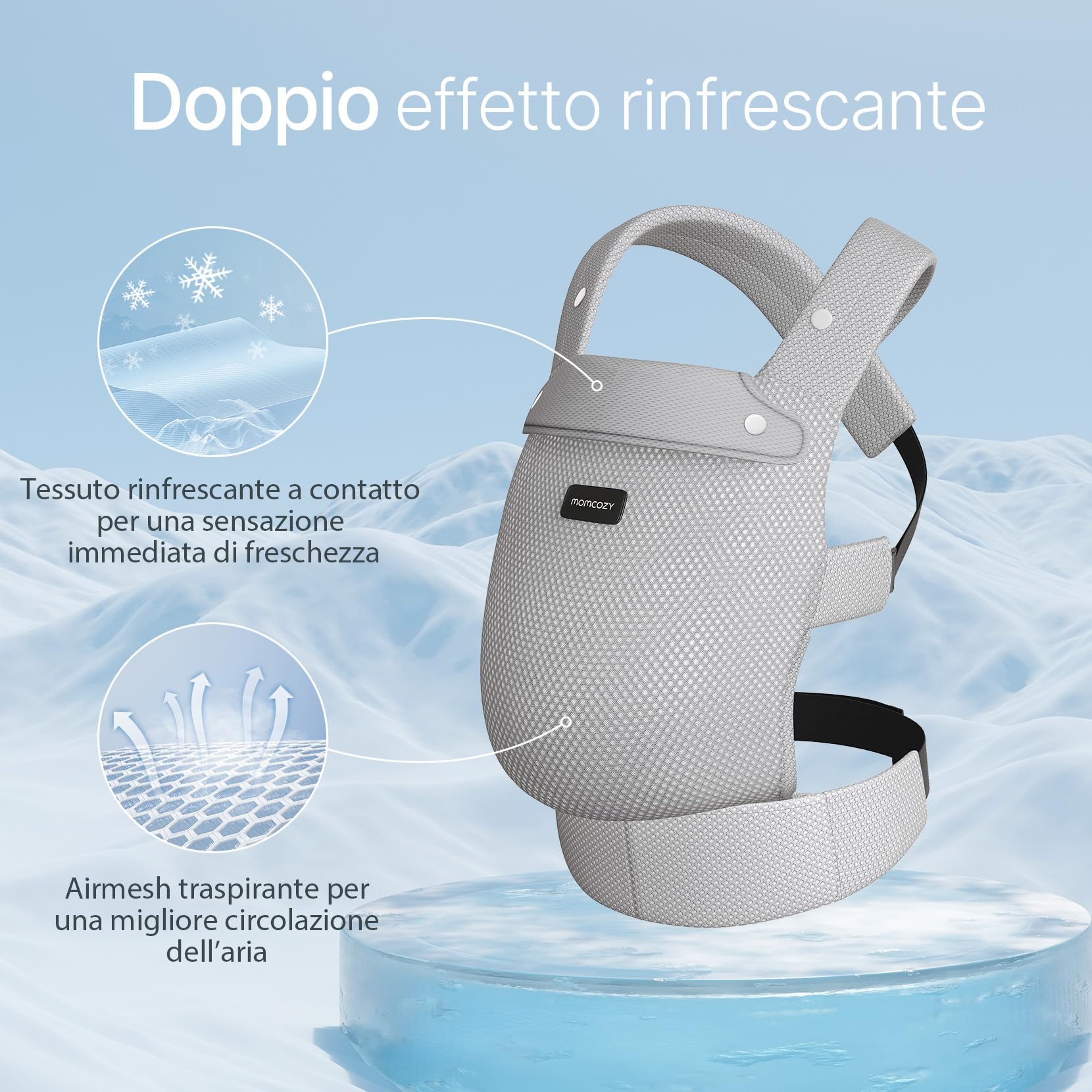 Momcozy Marsupio Traspirante in Rete, Ergonomico e Leggero, per 3,2 a 20kg(3-24 mesi) con Supporto Lombare Rinforzato, Comfort per Tutto il Giorno per Genitori a Mani Libere, Air Mesh-Grigio