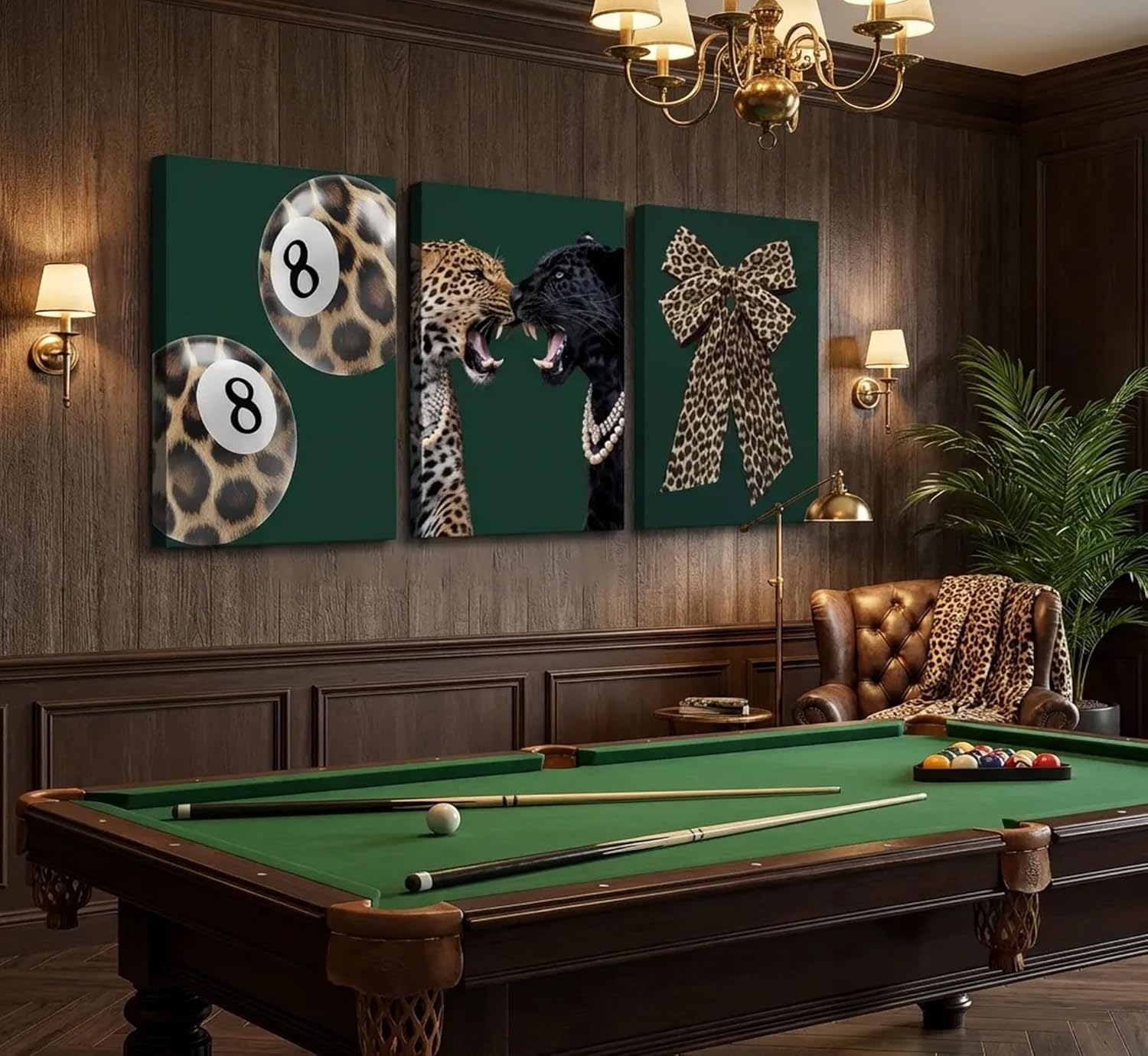 3Pcs Trendy Leopard Canvas Wall Art Funky Lucky 8 Ball Pictures Wall Decor Cheetah Bows Preppy Aesthetic Posters Prints Paintings for Bedroom Dorm Living Bathroom Decoration Prepare To Hang