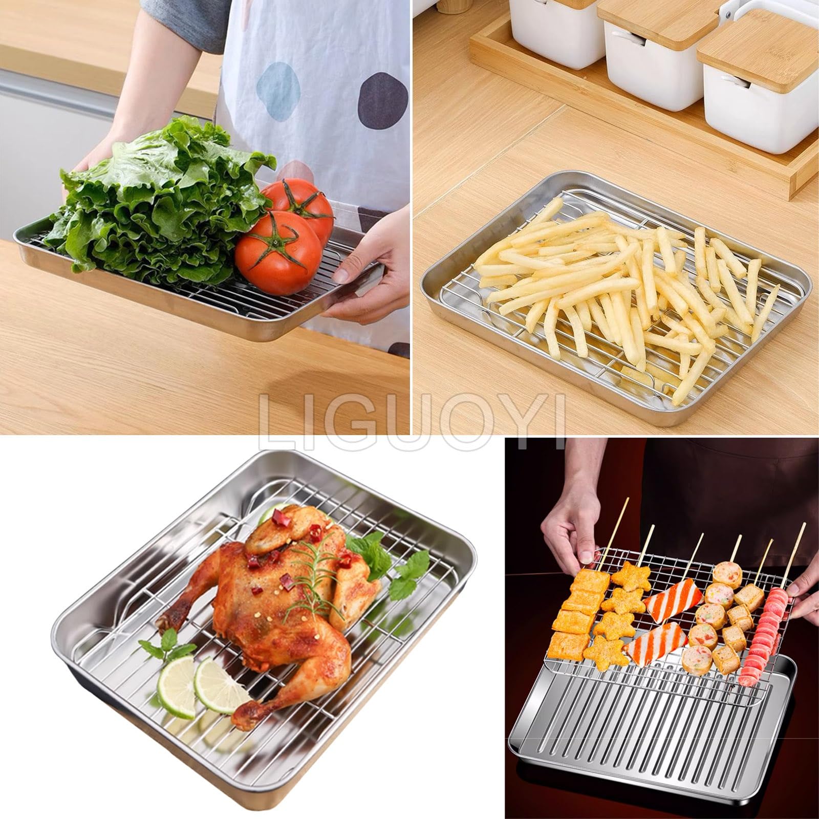 Bandeja para Hornear de Acero Inoxidable, Antiadherente, Rectangular, con Rejilla para Enfriar, Resistente al Calor, para Horno Tostador (410 x 310 mm)