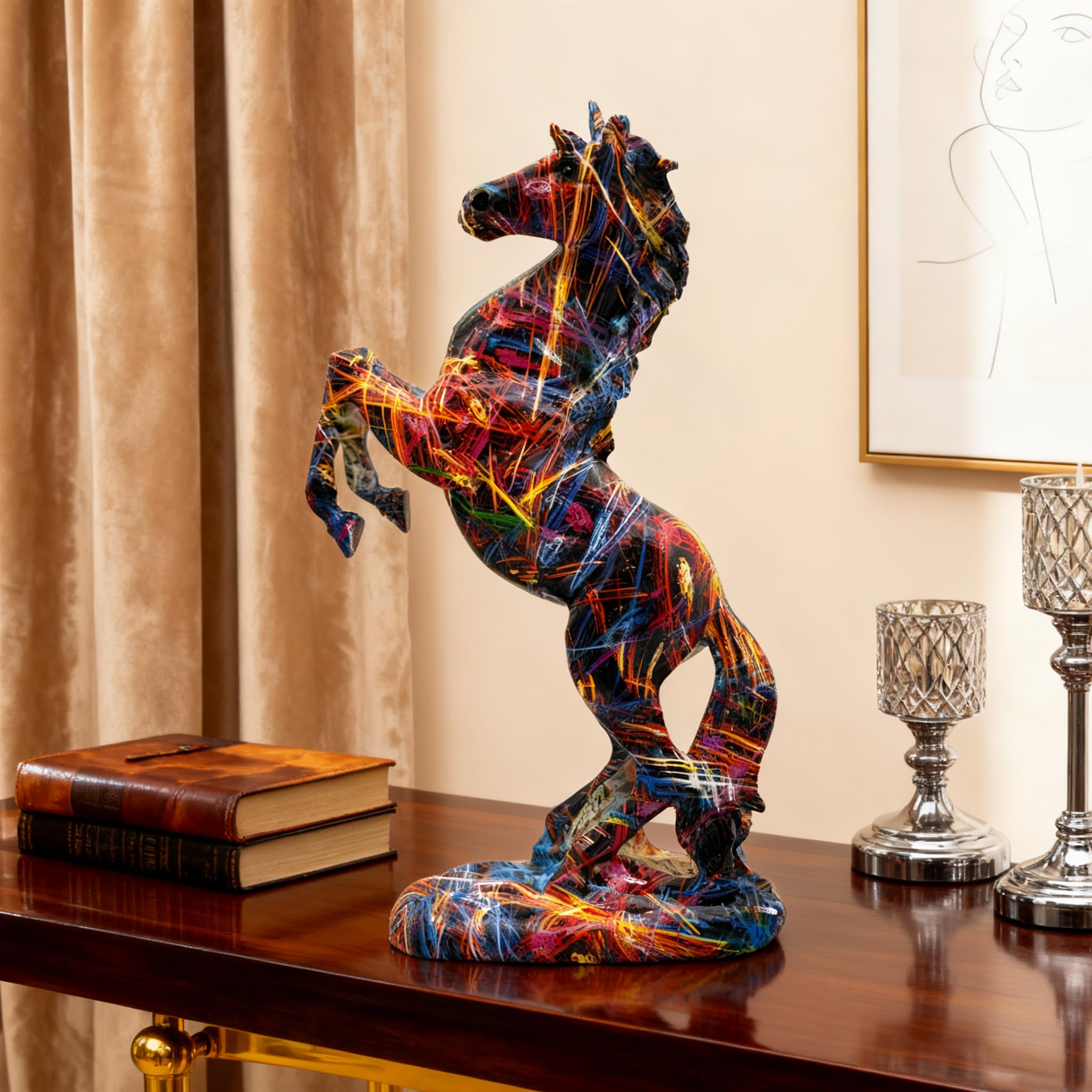 DESHINTKE Graffiti Standing Horse Resin Statue, Horse Sculpture Modern Graffiti Ornament Home Office Figurine Decor (Color4)