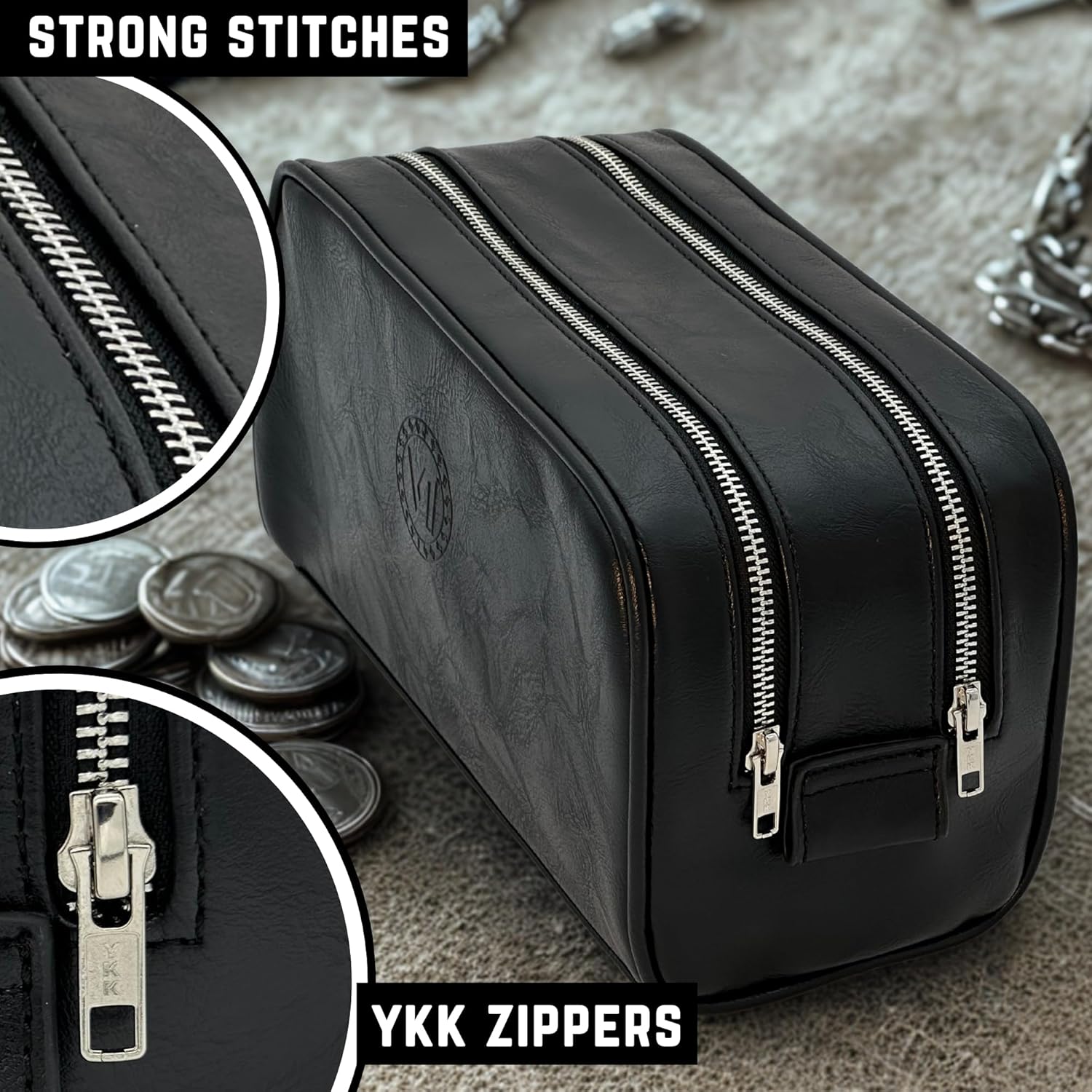 Toiletry Bag For Men, Premium PU Leather, Metal Zippers and Bottom Studs, Travel Essentials For Men, Waterproof Toiletry Bag, With Velvet Dust Bag, Mens Birthday Gift Ideas/BLACK