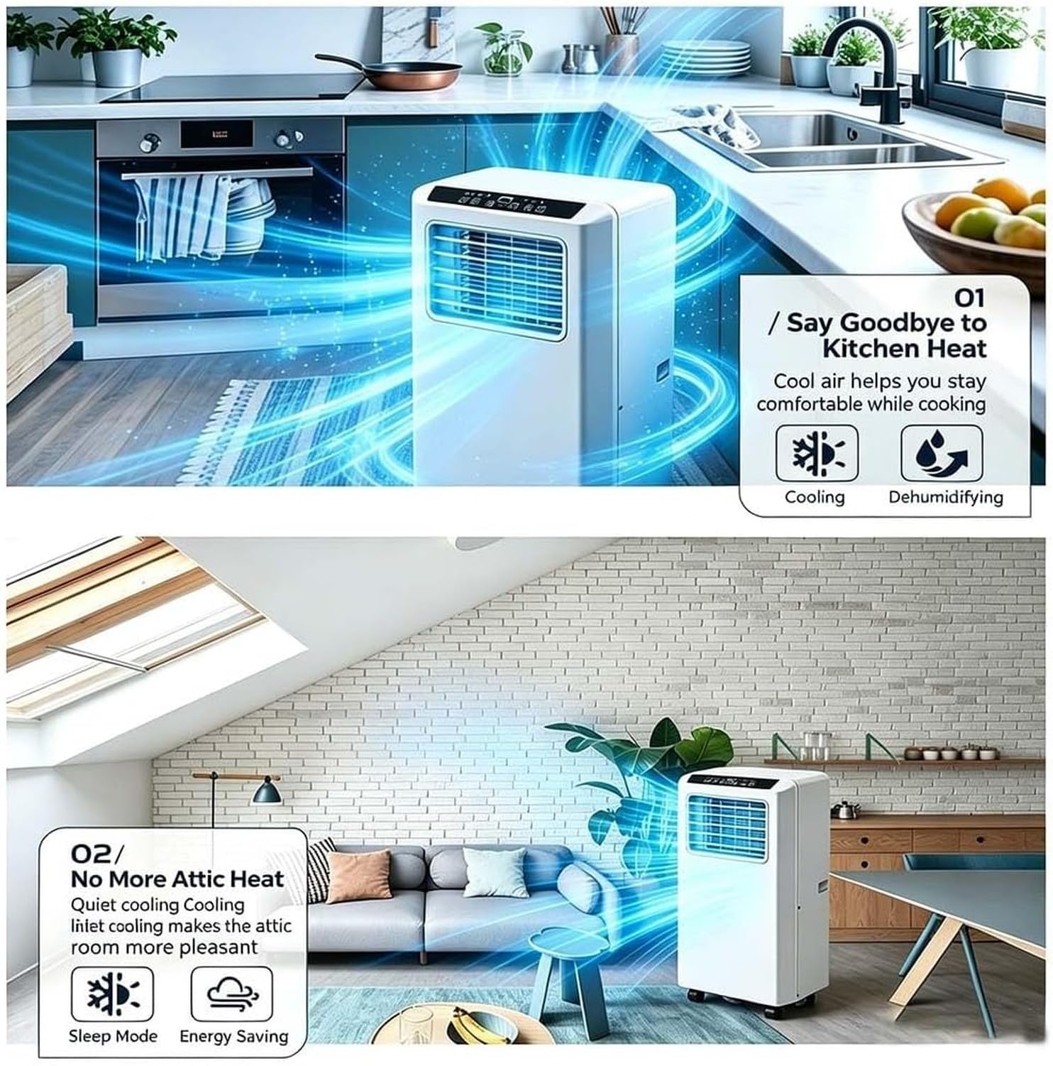 Tragbares Klimagerät 4-in-1, Inverter Einheit mit Kühlen, Heizen, Entfeuchten, Smart Bedienfeld, Staubfilter & 360° Rollen für zuhause, mit UK-Stecker (Typ G) f, Q7