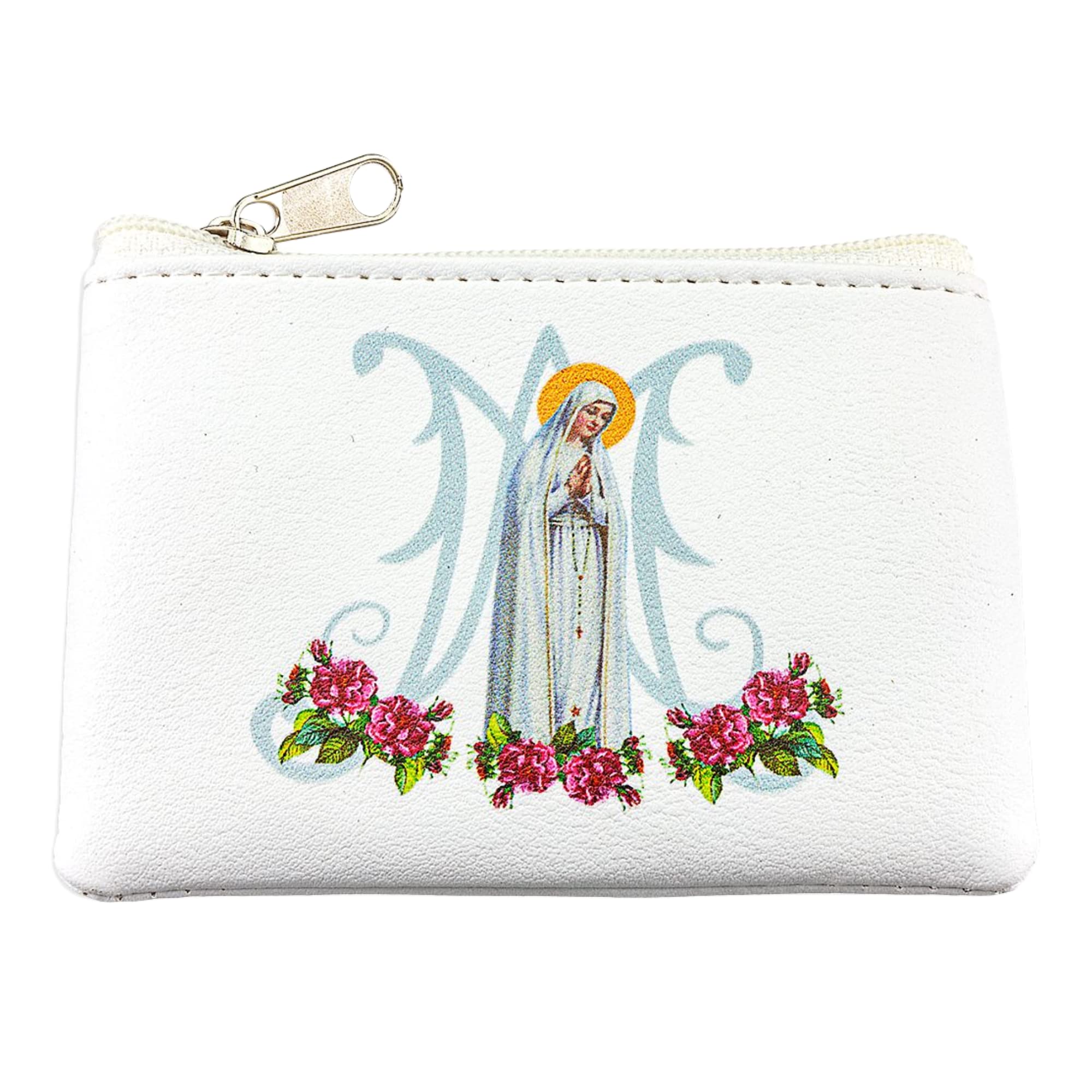 Needzo Our Lady of Fatima White Leatherette Rosary Pouch with Zipper Closure, Neutral Travel Cases and Pouches for Rosaries, 3.25 Inches