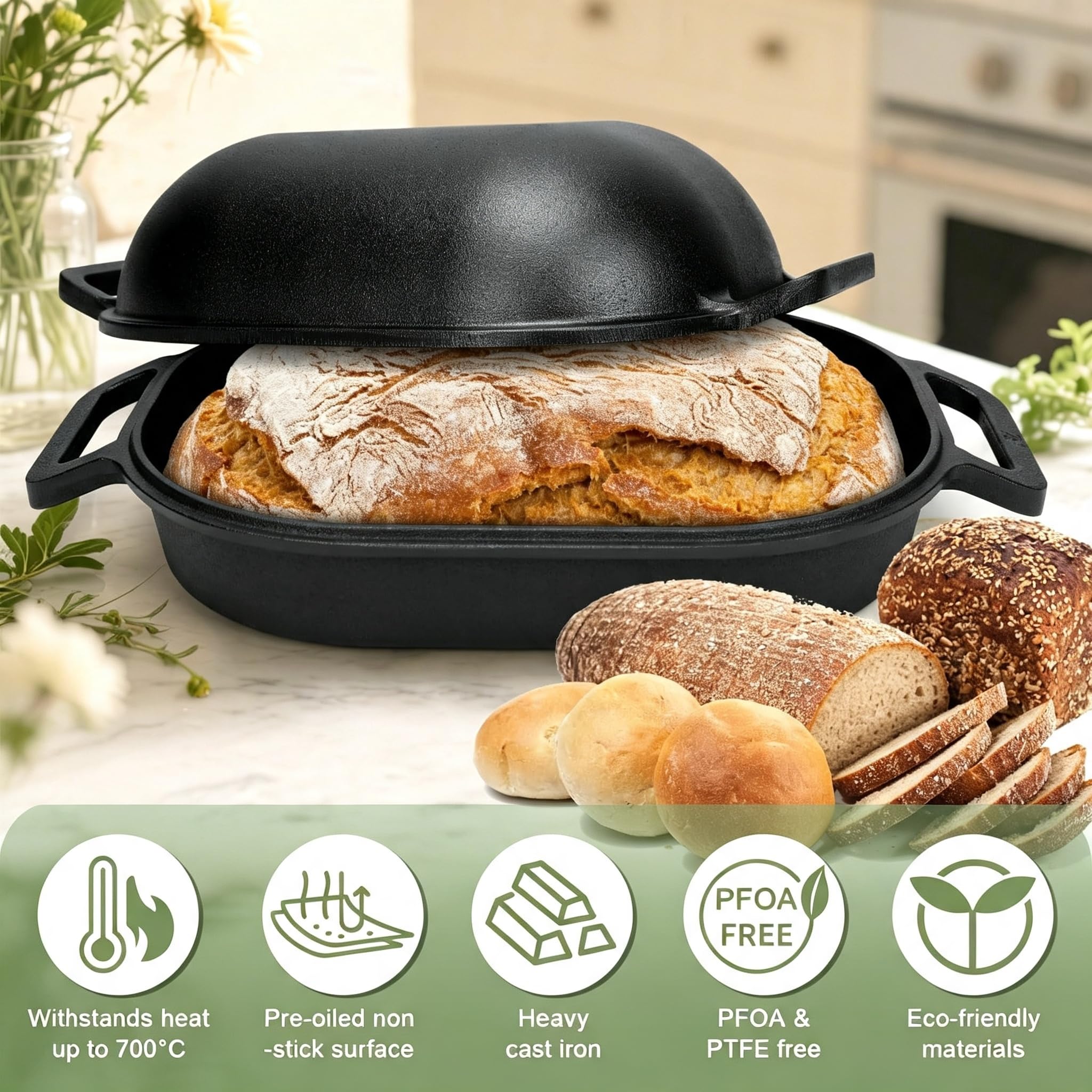 Gusseisen Topf Brot Backen 40cm, Robuste Brotbackform mit Deckel, Gusseisentopf Brotform, Idealer Brottopf Toastbrot Backform mit Brotbacken Zubehör