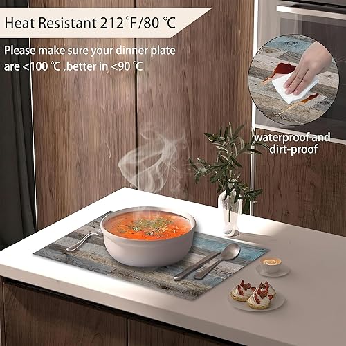 Miniatura 5 de Juego de 6 manteles individuales de grano de madera rústica, manteles individuales vintage de madera de granero, resistentes al calor, lavables,