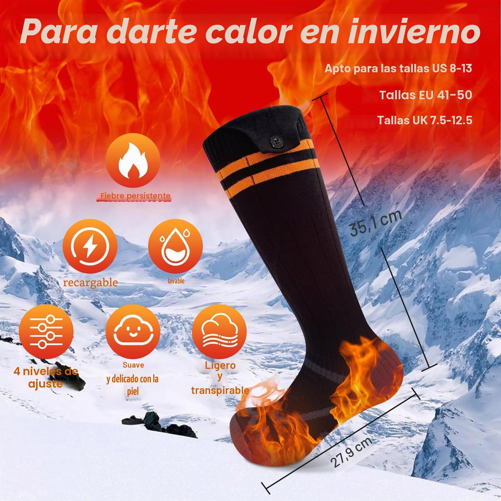 Calcetines calefactables, últimos Calcetines calefactables Recargables de 2023, batería Extra Grande de 5000 mAh, Larga Vida útil hasta 65 °C, Gran Superficie calefactora