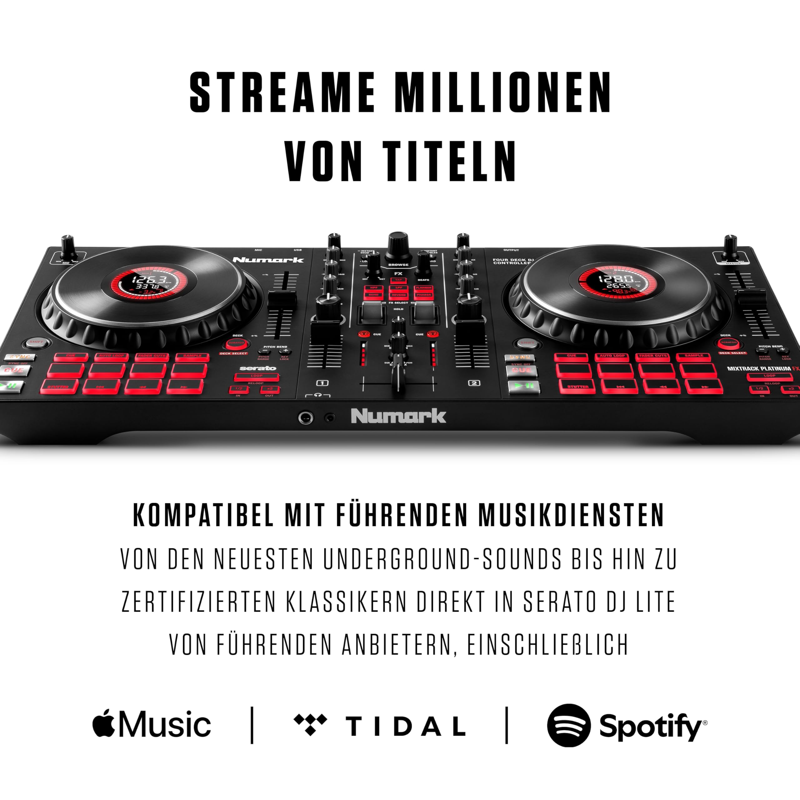 Numark Mixtrack Platinum FX - DJ Controller Pult mit 4-Deck Kontrolle, integriertem Audio Interface, Jogwheel-Displays und Effektpaddeln