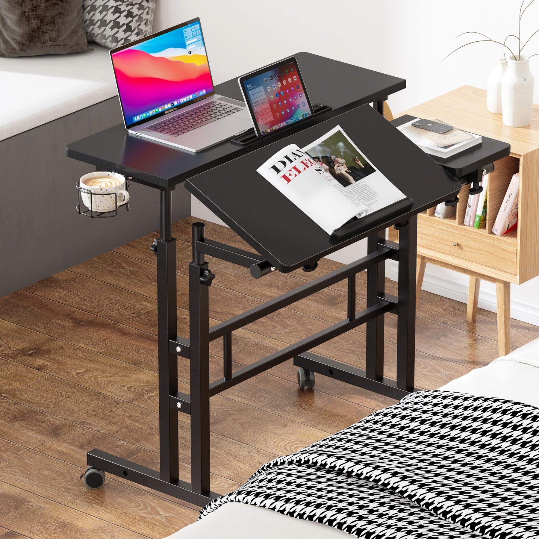 SogesPower2 Platforms Mobile Laptop Desk Adjustable Side Table Computer Stand for Bed Sofa,Mobile Standing Desk with Cup Holder and Hooks,Black