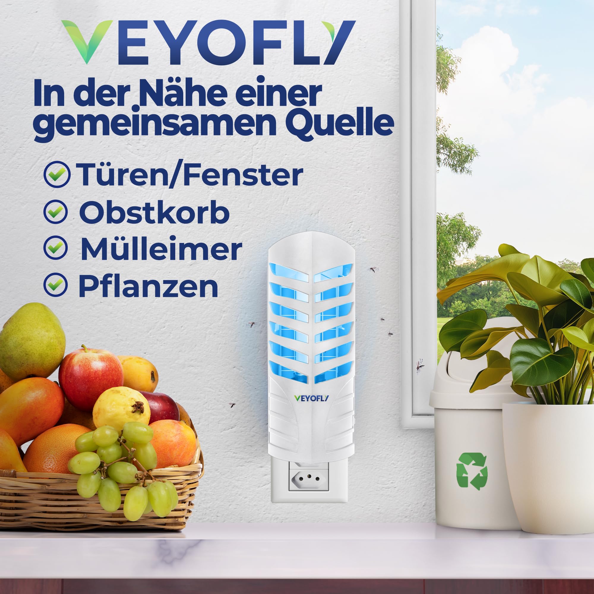 VEYOFLY Fliegenfalle UV, Fruchtfliegenfalle, 2 Geräte + 4 Nachfüllungen | UV-Licht lockt Insekten auf Wechsel-Klebekarten, leise 24/7, Stecker, Innenbereich, ohne Insektenvernichter Elektrisch