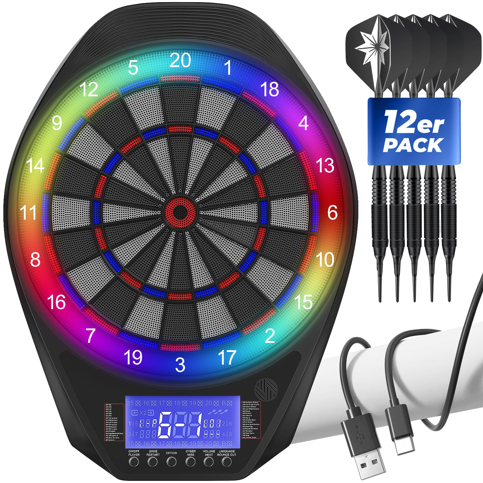 Dartscheibe Elektronisch mit LED-Lichtmodi, Automatische Punktzählung LCD, 34 Spiele & 72 Varianten, Soft/Steeldart geeignet, Komplettset mit 12 Pfeilen + 100 Ersatzspitzen, Type-C Aufladung