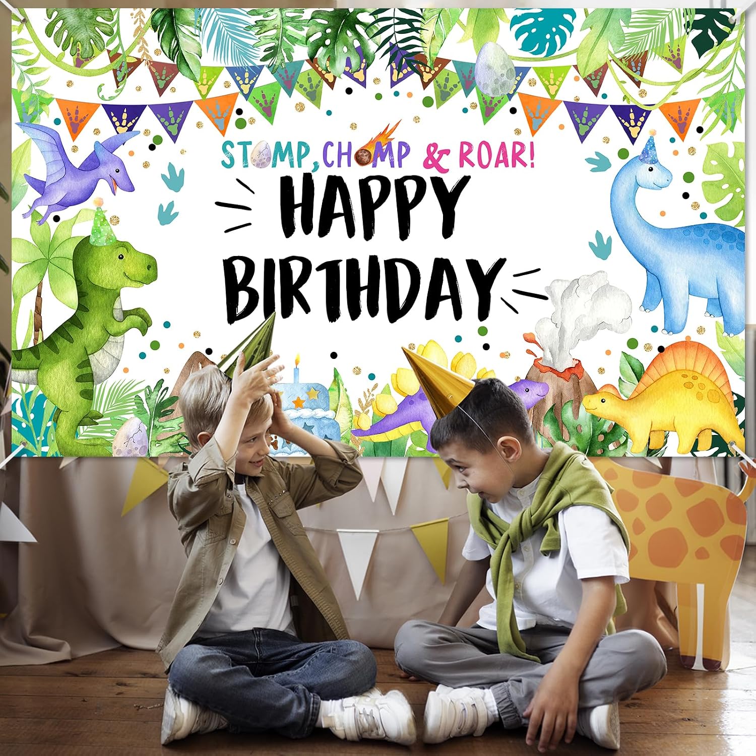 Avezano Dinosaur Birthday Banner Watercolor Jungle Happy Birthday Banner for Kids Dino Party Decorations Photography Background 6 x 3.6 ft