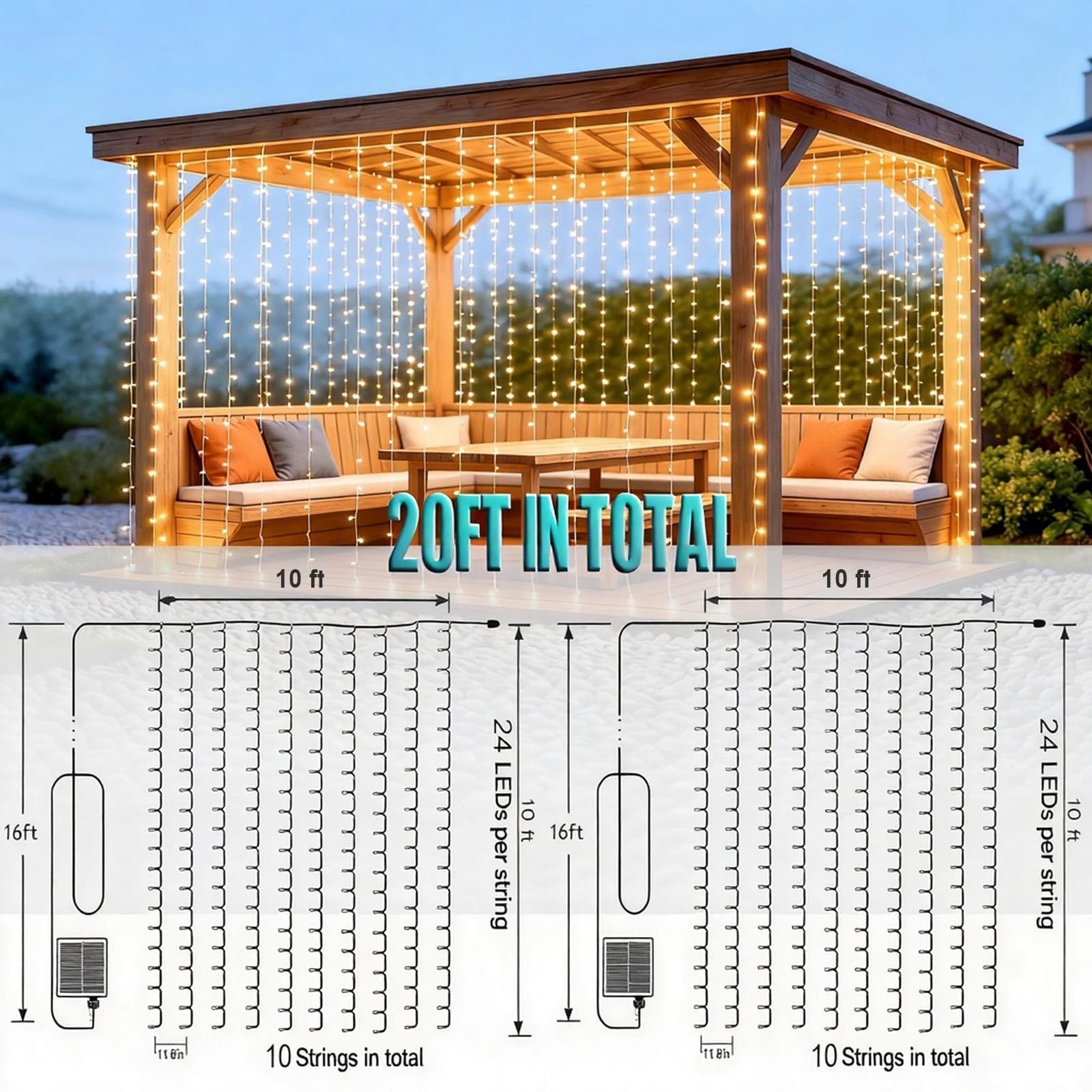 Solar-Vorhang-Lichterkette für den Außenbereich, 6 x 3 m, insgesamt 480 LEDs, solarbetrieben, wasserdicht, für Garten, Party, Hochzeit, Dekoration, 2 Stück
