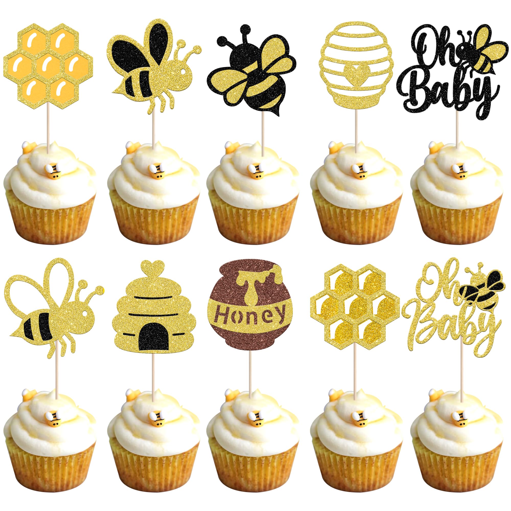 SYKYCTCY 30 Pack Bumble Bee Cupcake Toppers Glitter Bee Honeycomb Cupcake Food Picks Bee Theme Baby Shower Boys Girls Birthday Party Cake Decorations Supplies