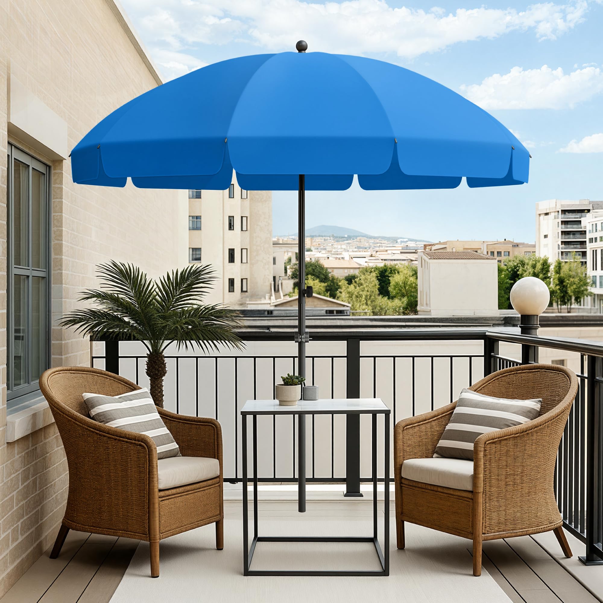 PHI VILLA Parasol réglable en hauteur de 175 à 220 cm avec housse et pince - Parasol de plage inclinable - Résistant au vent - Stable à emporter - Protection UV50+ - Pour balcon, plage, balustrade de