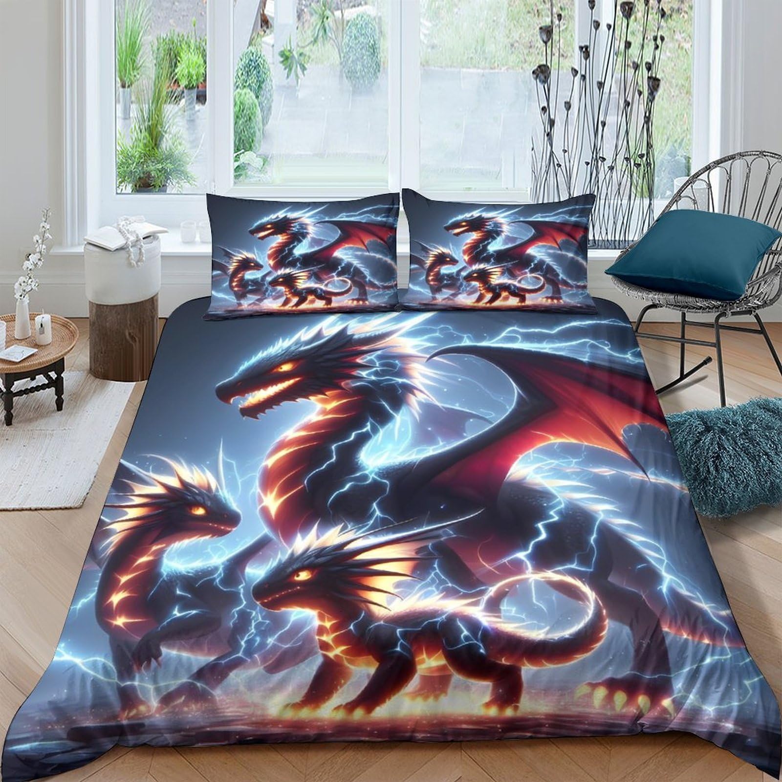 Ctjqhvkz Style-8 3D Printed Thunder Dragon Fitted Sheet Microfiber Soft Breathable Lightning Dragon Mattress Cover For Bedroom Decor Single（135X200cm）