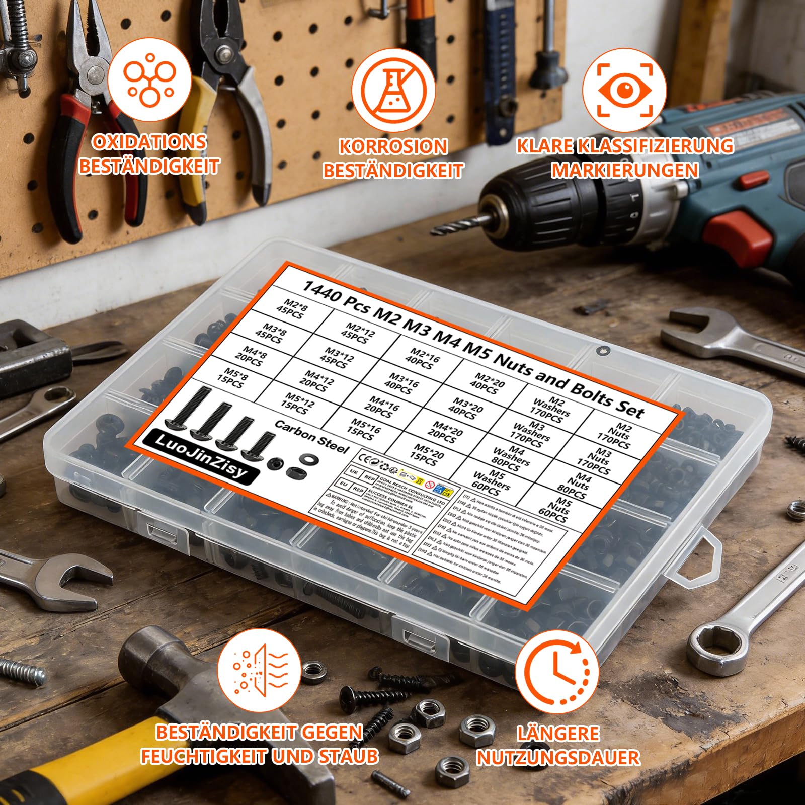 1440 PzViti M2 M3 M4 M5, Assortimento di Bulloni e Dadi, Set di Viti a Testa Cilindrica con Esagono Incassato, Kit di Bulloni Testa Tonda con Rondelle, set di Viti per Macchine Nere