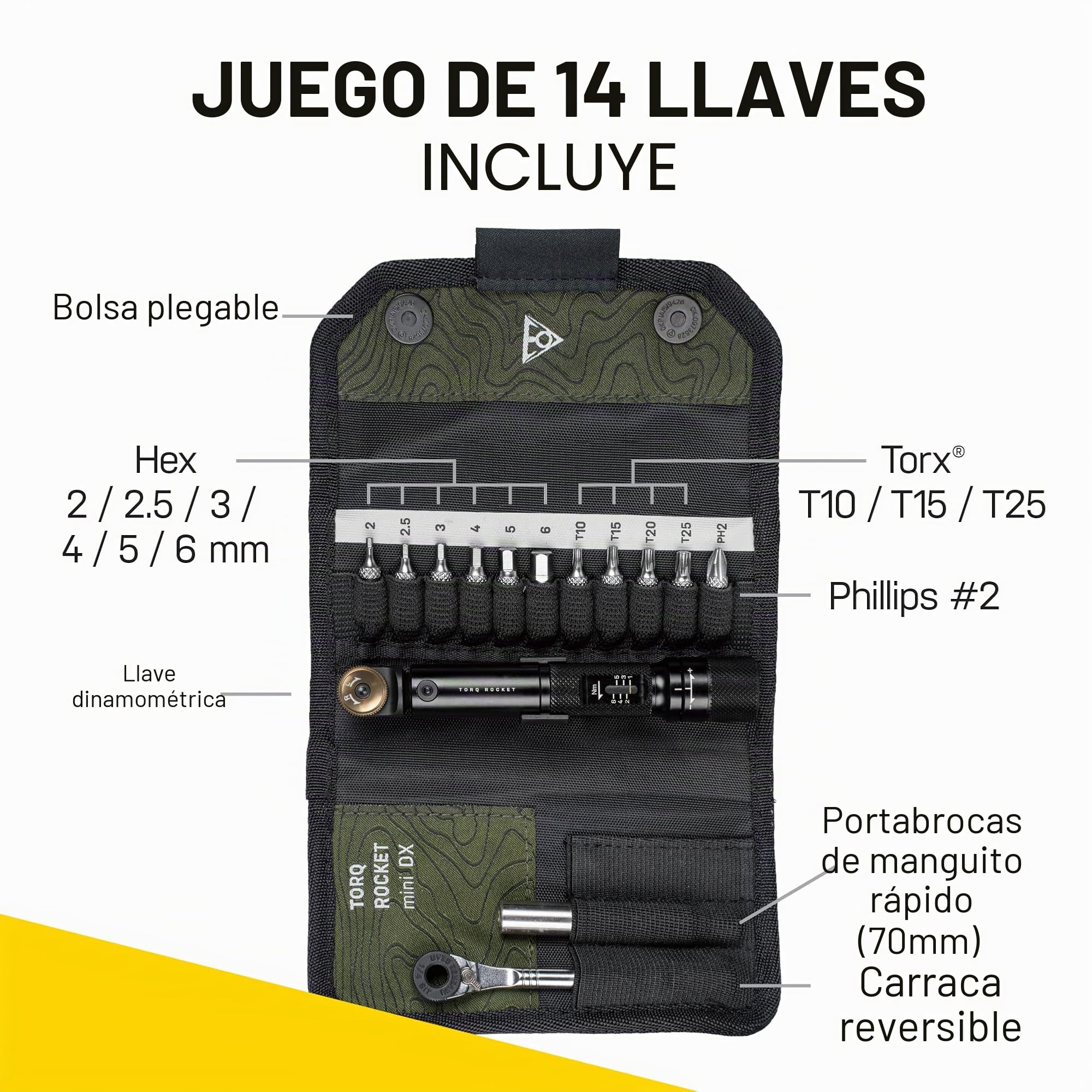 Topeak Torq Rocket MiniX - Llave dinamométrica - Herramienta de trinquete ajustable de 1-6 Nm con 11 puntas y funda de transporte