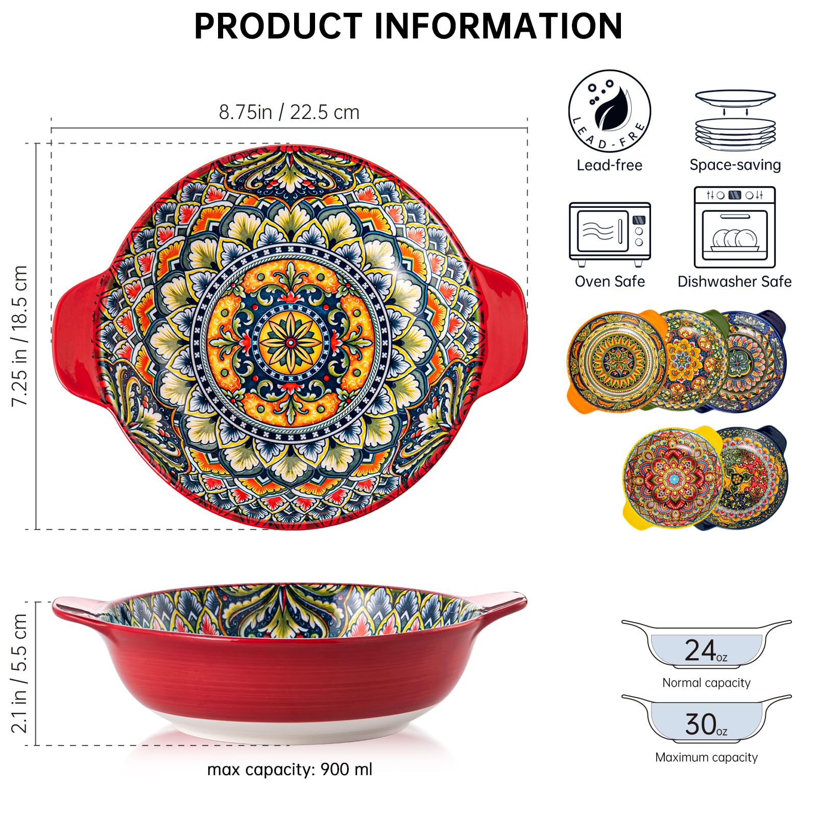 Henten Home Assiettes Creuses en Porcelaine 900 ml, Bols à Pâtes/Saladier Set of 6 pour Cuisine, Passe au Four, Lave-vaisselle et Micro-ondes, Style Bohème