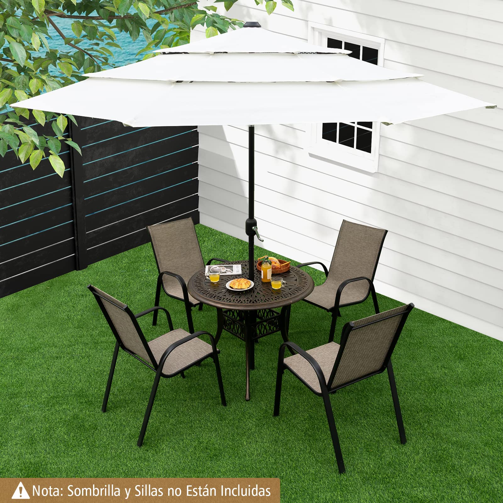 COSTWAY Mesa Jardin Exterior 90x74 cm, Agujero de Sombrillas, Mesa Redonda Terraza, Aluminio Fundido, Balcon Jardin Terraza Exterior, Carga 91kg, Negro y Bronce (Redonda)