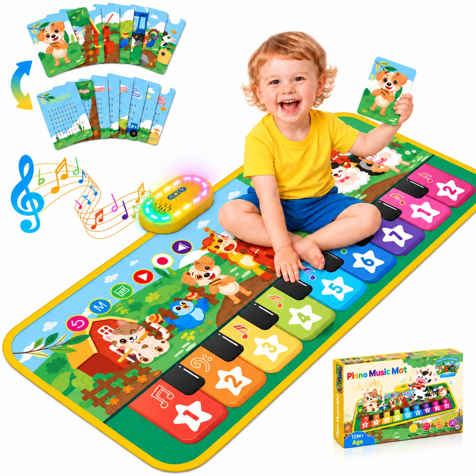 Tappeto Piano con 9 Tasti e 8 Suoni di Animali, Giochi Bambini 1 2 Anni | 8 Carte, 4 Modalità, Registrazione, Volume, Luci, Giochi Regalo Gioco Bambino Bambina 1 2 Anni, Giocattoli Interattivi Natale