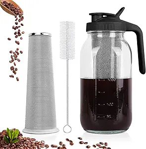 Cold Brew Coffee Maker,64 oz Mason Jar Pitcher with Stainless Steel Filter, Pour Spout Handle Lid, Heavy Duty Glass Airtight & Leak-Proof Pitcher for iced coffee Tea Lemonade