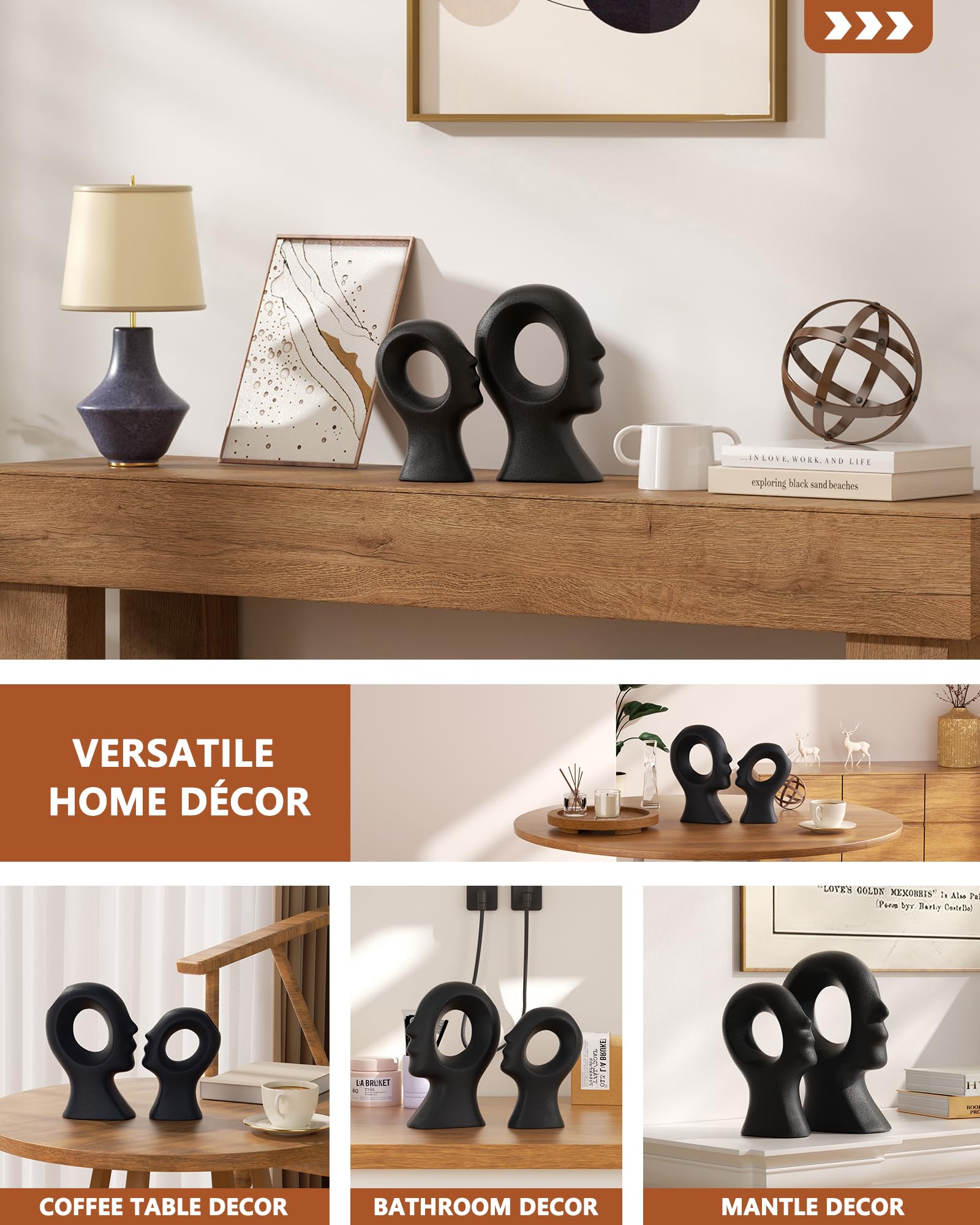 Zestaw 2 statuetek dla par, nowoczesny nordycki minimalizm, estetyczna dekoracja ceramiczna, wazony, dekoracja domu, na półkę, półkę, półkę, konsolę wejściową, prezenty ślubne dla par 2025 (czarne)