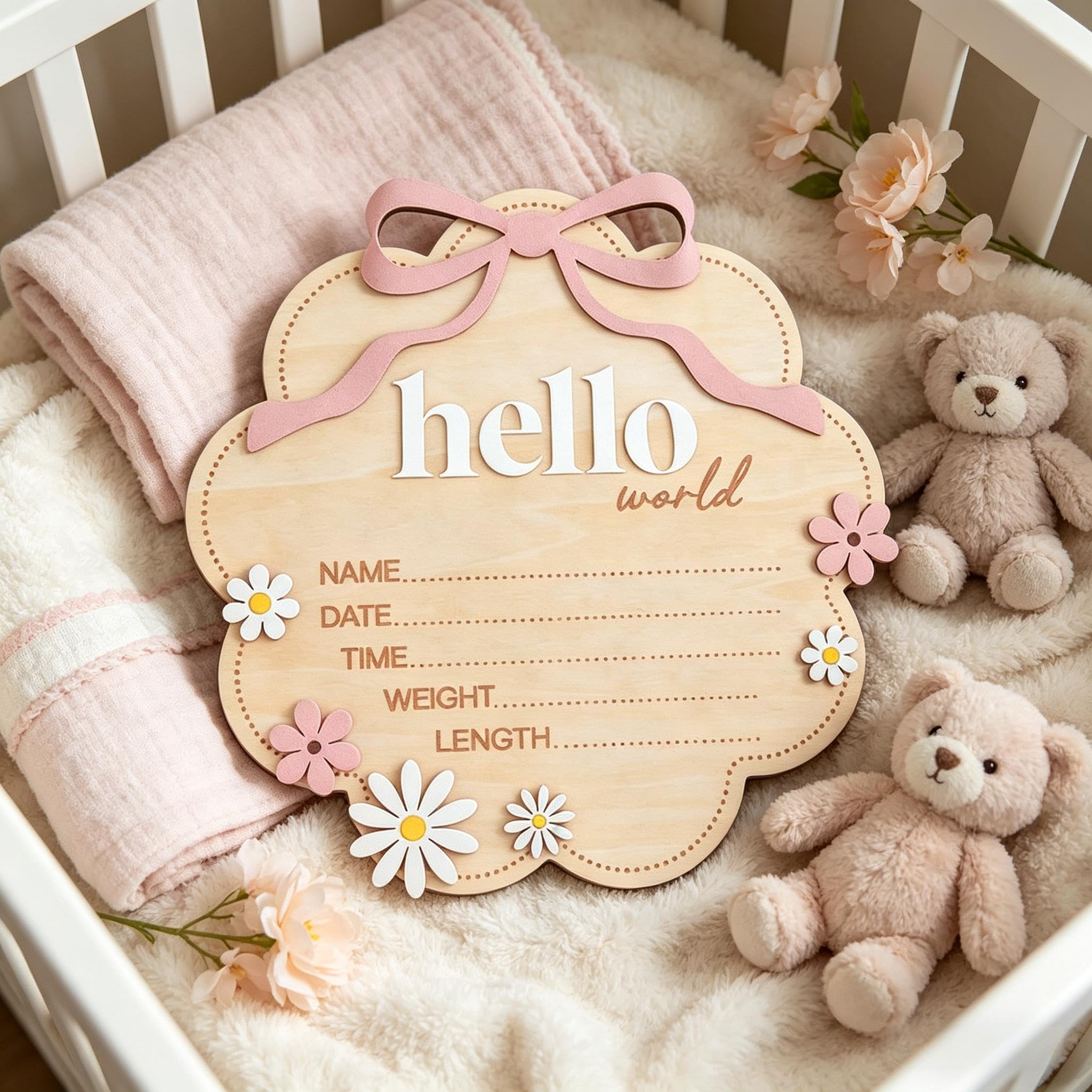 Hello World Wooden Baby Birth Announcement Sign with Pink Bow, Cloud Shape Floral Newborn Name Date Time Weight Length Board, Newborn Girls Boys Photo Prop (Pink) - 4