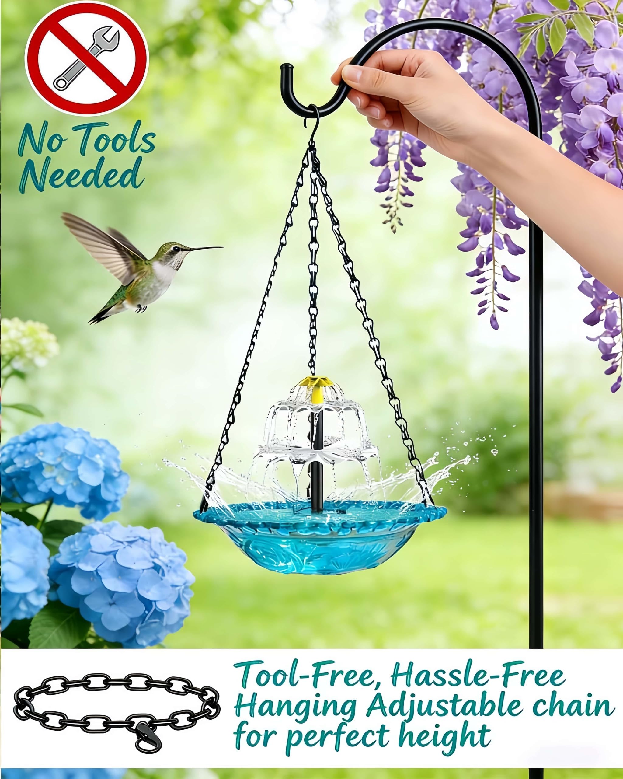 Fontana solare sospesa per uccelli, abbeveratoio e mangiatoia a cascata,decorazione da giardino resistente alle intemperie,facile da appendere,attrae uccelli e farfalle per giardino,cortile (BBB)