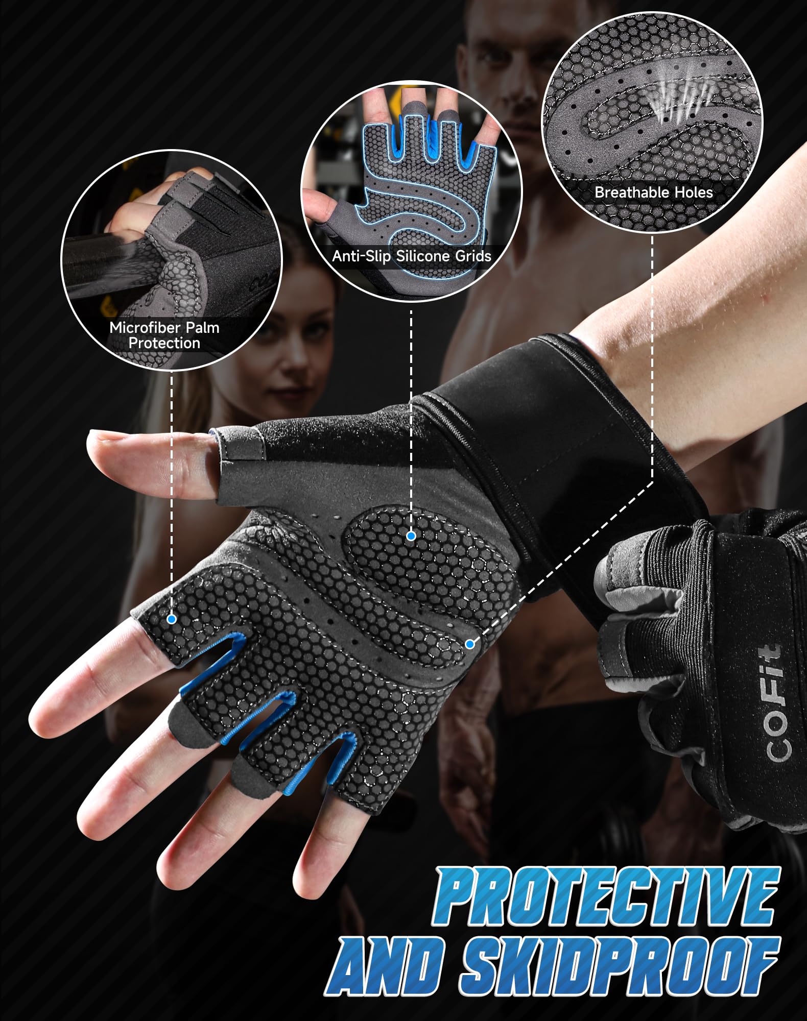 COFIT Guanti da Palestra Traspiranti, Antiscivolo Guanti da Fitness con Supporto per il Polso Uomo e Donna per Sollevamento Pesi, Esercizio Fisico, Allenamento, Gym, Bodybuilding